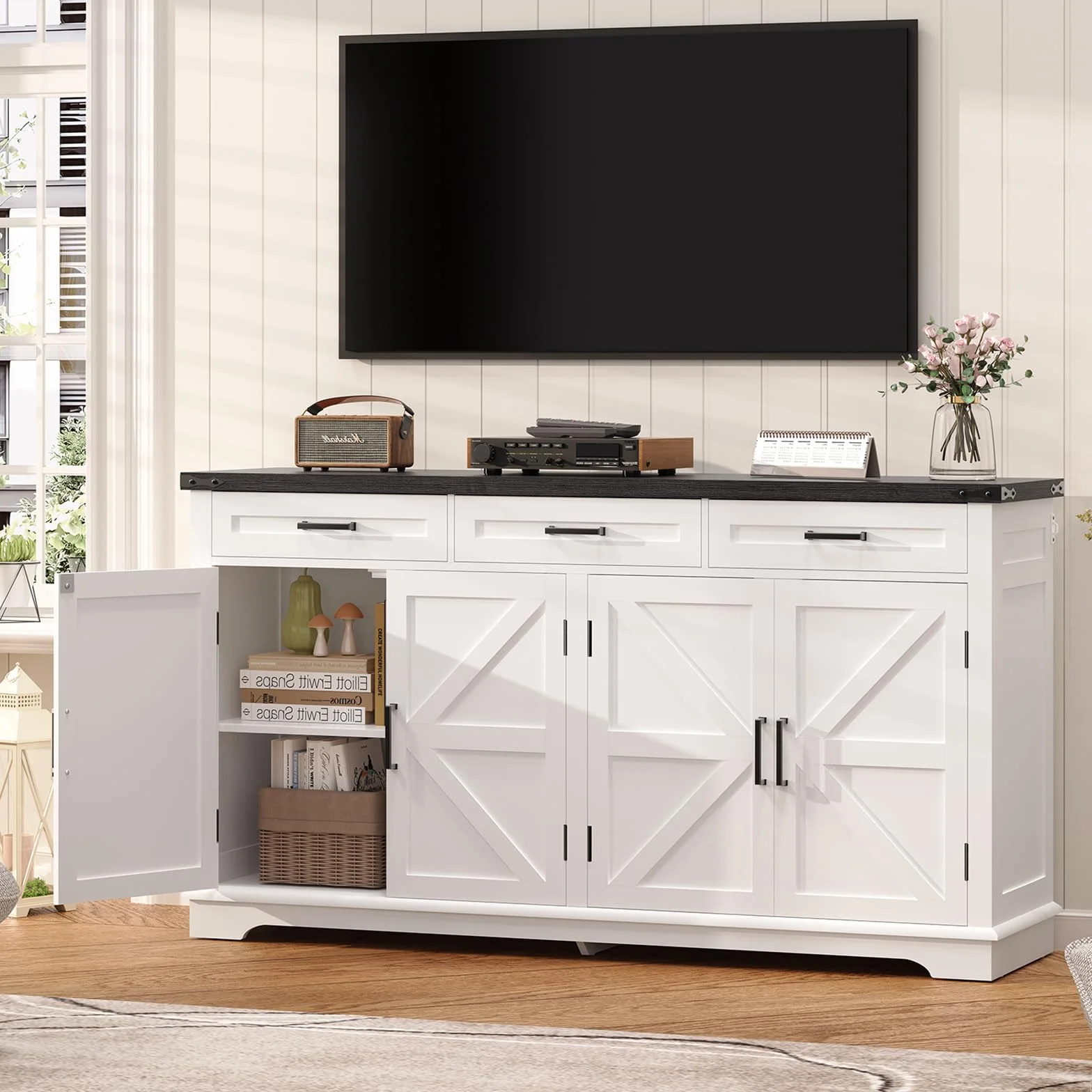 TEENFON 155 cm Aparadores para Salon con 3 Cajones, Aparador Cocina con Estantes Ajustables, Armario Cocin con Encimera para Pasillo Comedor- 155 x 40 x 80 cm - Blanco