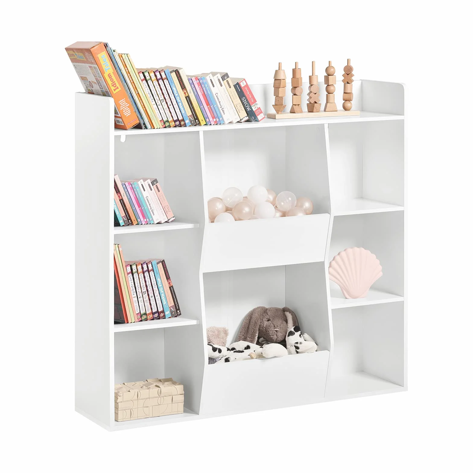 SoBuy Librería Infantil Estantería Montessori con 6 Estantes y 2 Compartimientos Organizador Juguetes Almacenaje para Libros Muebles habitación Blanco 106x30x104 cm KMB55-W