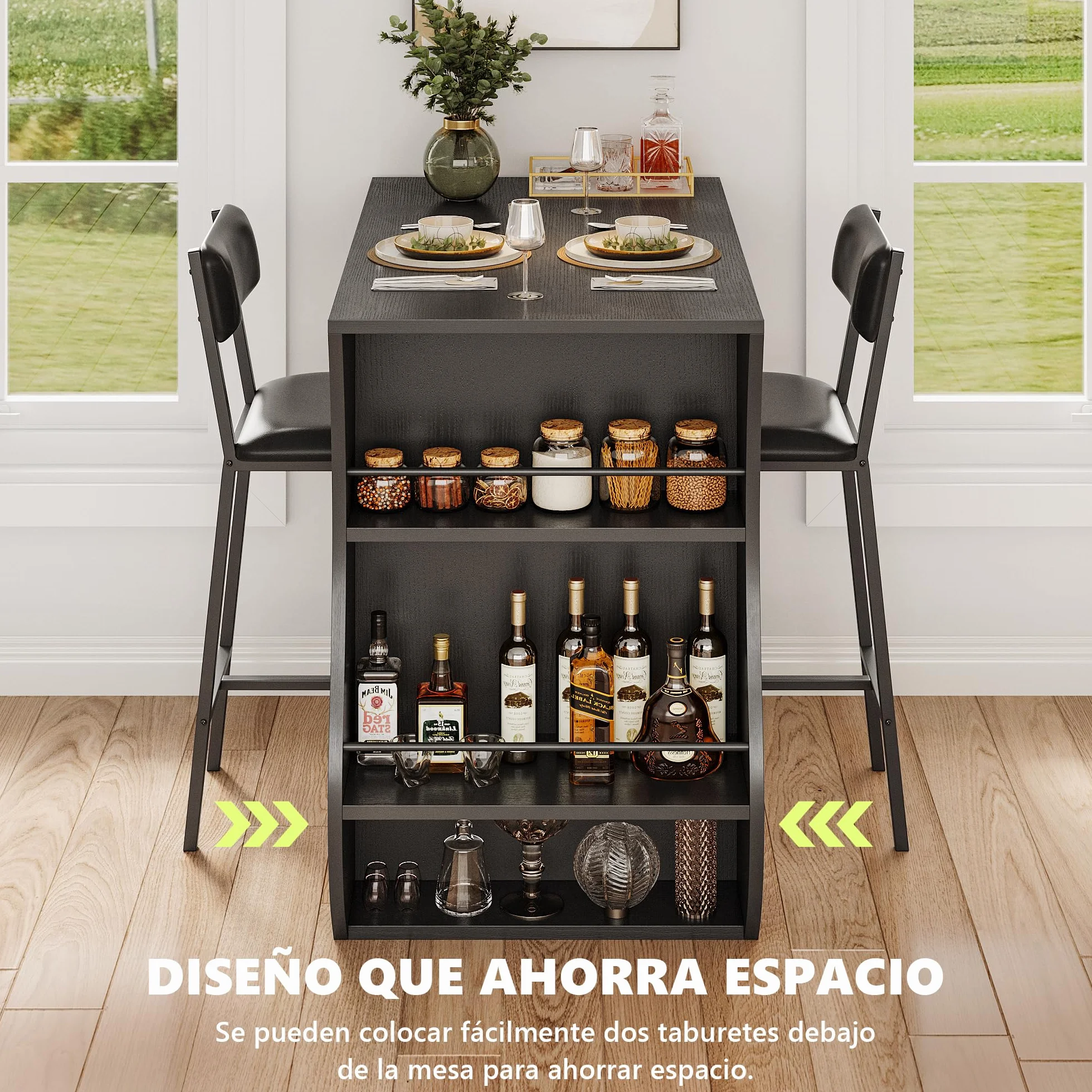 FEONASE Juego de mesa de bar y taburetes de 3 piezas con estante para vino, marco de acero