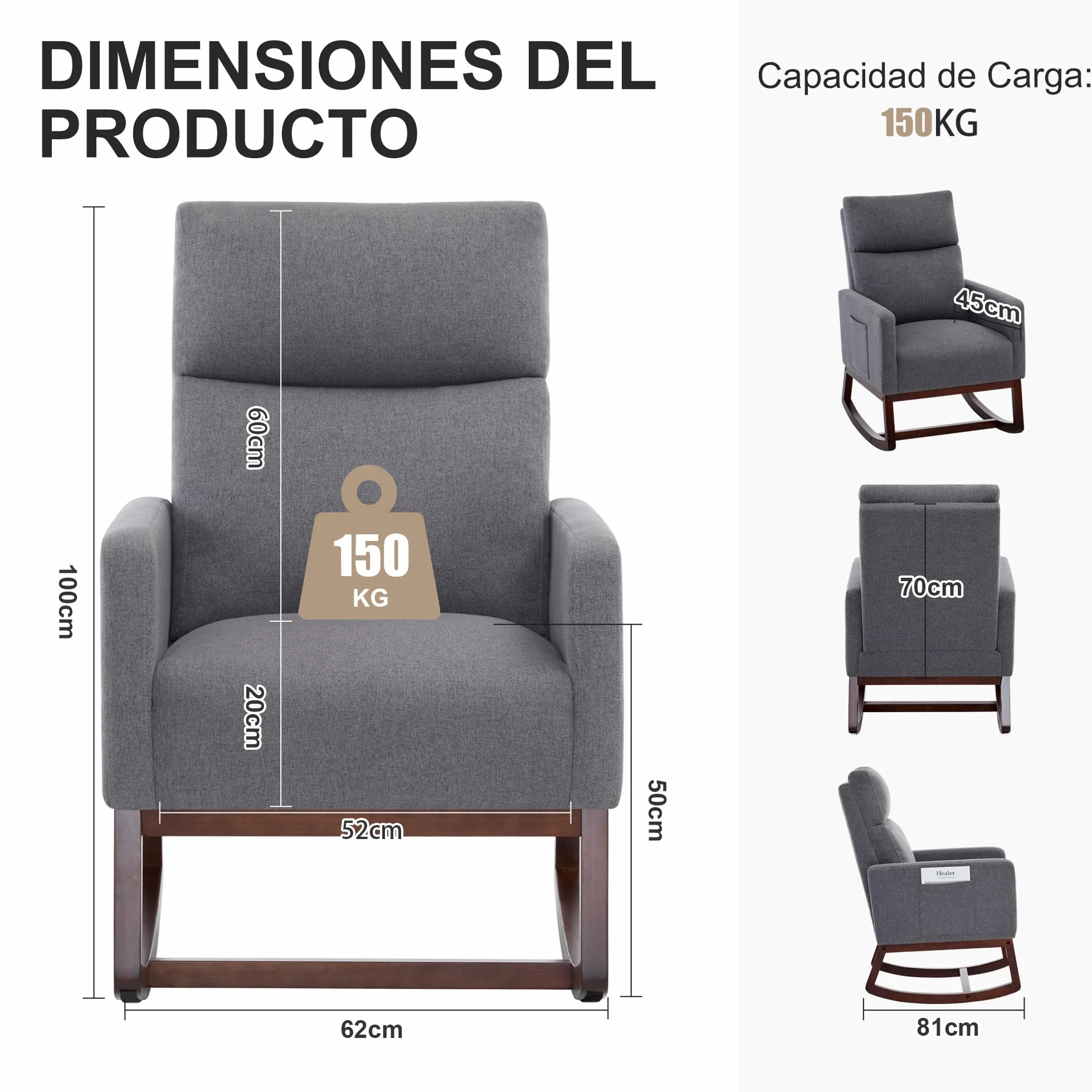 Silla Mecedora de Lactancia Lino, Respaldo Alto, Bolsillos Laterales, Patas de Madera (Gris Carbón)