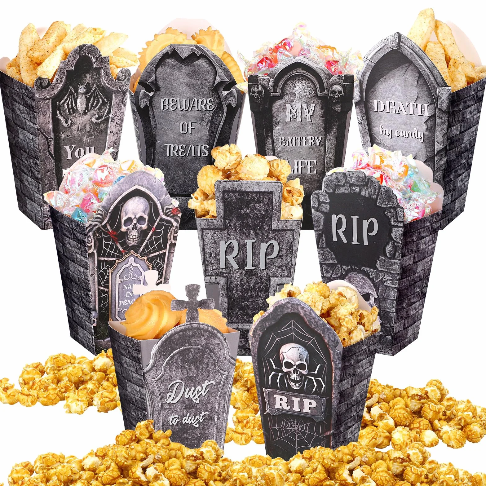 Weekgrat 90 cajas de palomitas de maíz de Halloween, espeluznantes bolsas de papel de lápida de Halloween, bolsas de palomitas de maíz, bolsas de palomitas de maíz de Halloween para dulces, galletas