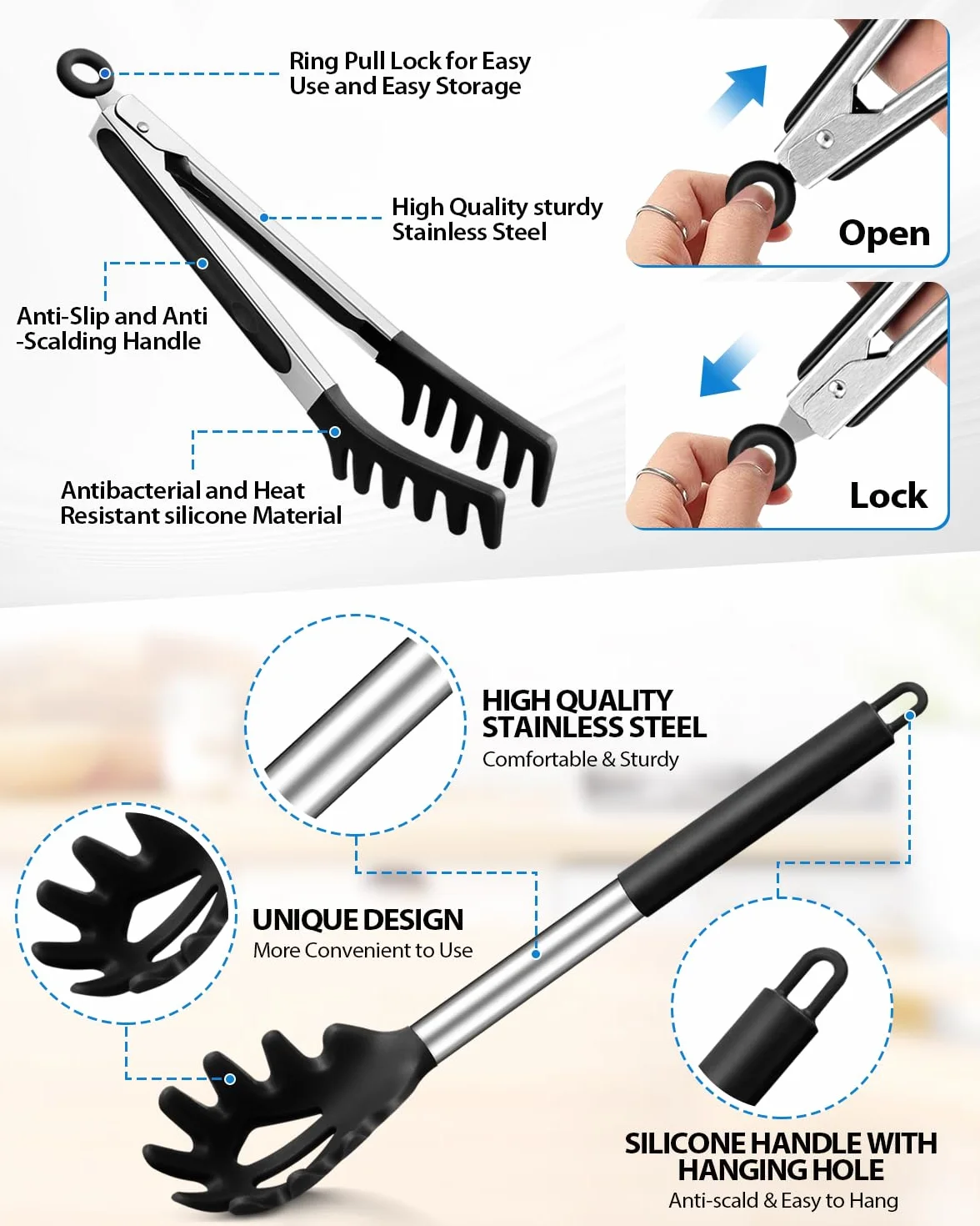 Cuchara de espagueti y pinza para pasta de silicona antiadherente con mango de acero inoxidable negro