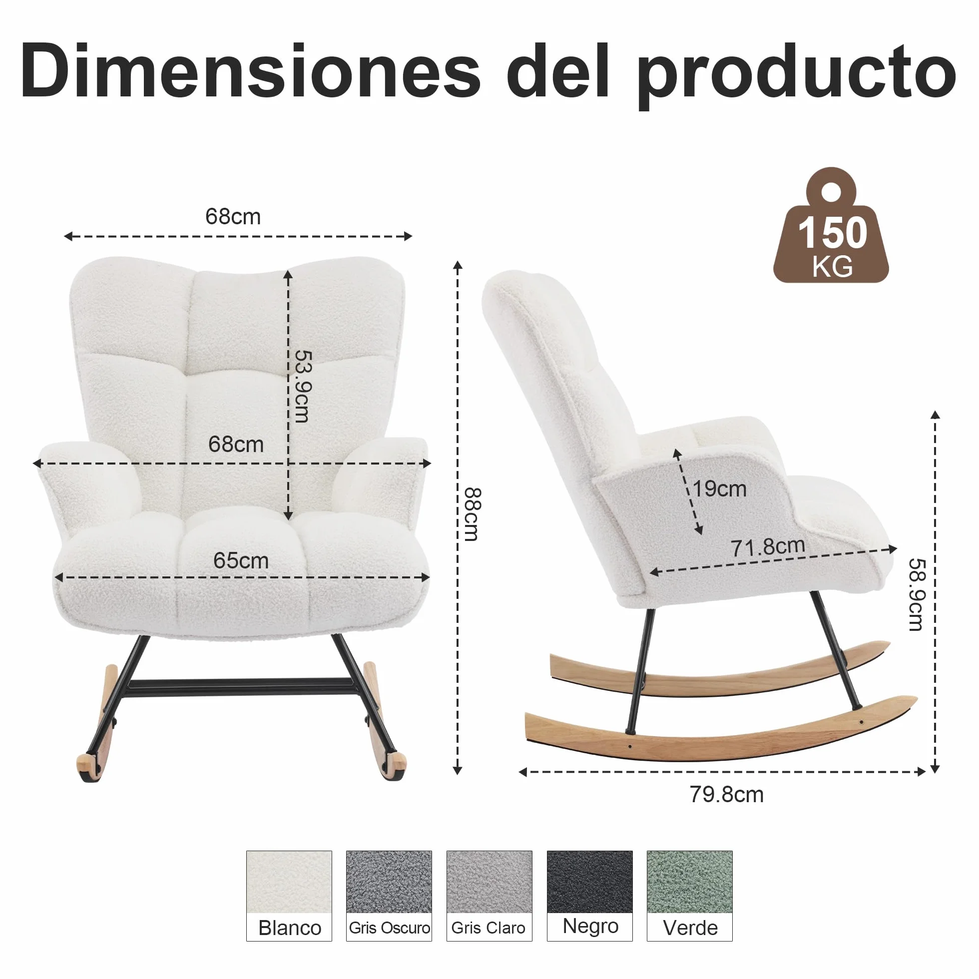Silla Mecedora para Lactancia, Sillón Balancín Teddy Tapizado en Peluche Suave con Base de Madera Silla de Relax Cómoda con Brazos para Sala, Dormitorio y Habitación Infantil Blanca