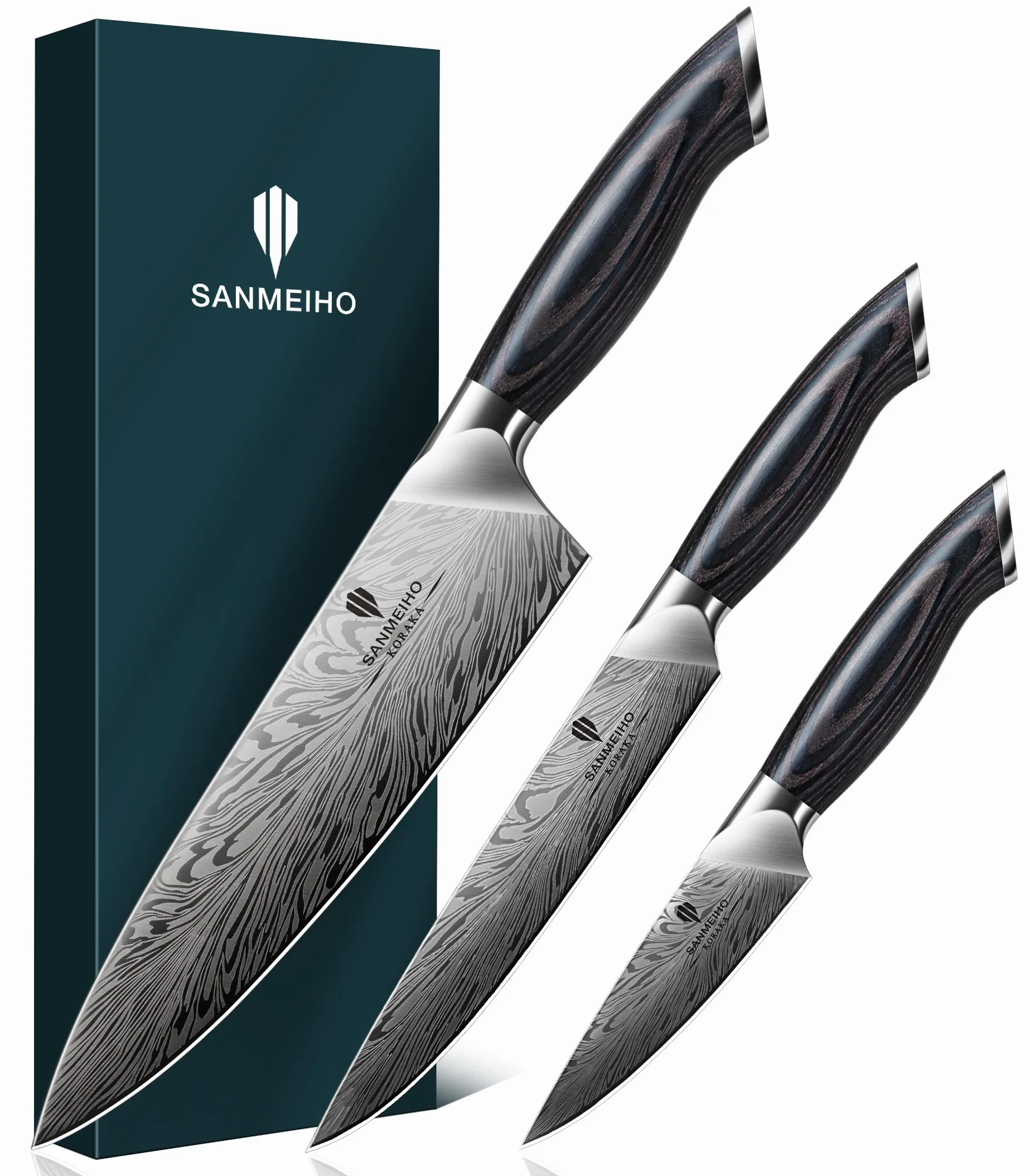 SANMEIHO Set Cuchillos de Cocina Acero en Polvo 3 Piezas, Cuchillos de Chef | Juego de Cuchillos Cocina Ultra Afilados con Cuchillo Multiusos y Puntilla, Mango de Madera Ergonomico para Carne y Fruta