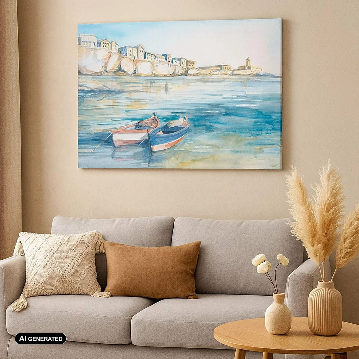 Lienzo Decorativo 120x80cm Moderno Horizontal Arquitectura Paisajes - 5193 | Paisaje Mar Barco Cuadro sobre Lienzo Grande Arte mural Decoración del Hogar Salón Dormitorio Cocina Oficina Cuadros de Pared