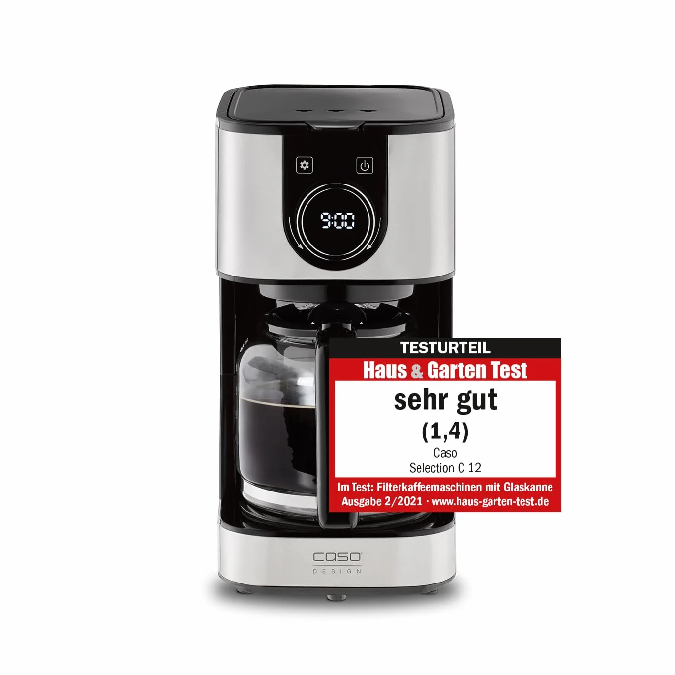 CASO Selection C 12 - Cafetera de goteo con función mantener caliente, Capacidad de 1,5L para 12 tazas, 900W de Potencia, temporizador, Pantalla táctil, incluye jarra de café de vidrio