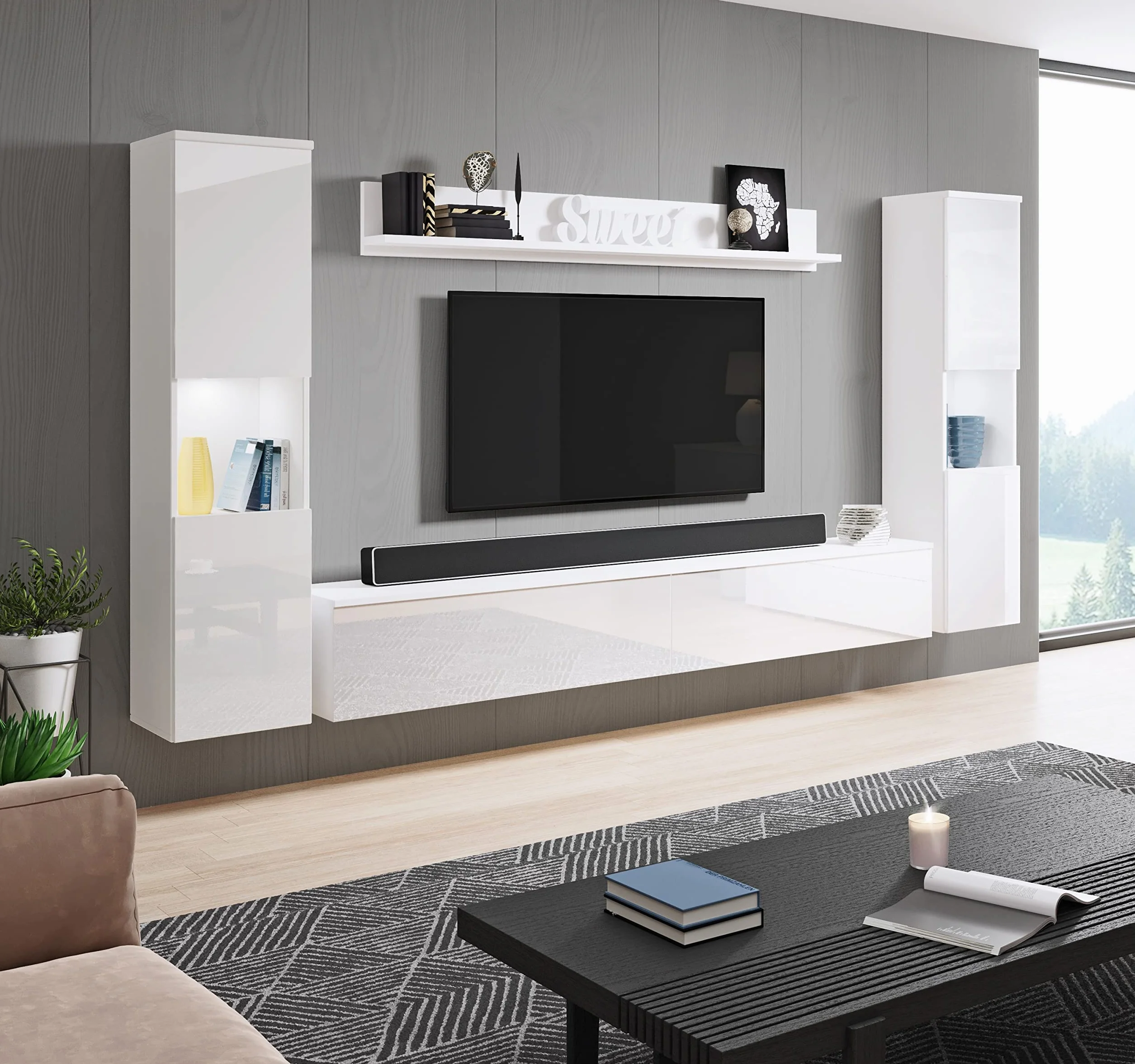 PIASKI Conjunto de Muebles de salón Paris XL, iluminación LED Opcional, Juego de Muebles de salón, Muebles de salón Modernos (Blanco/Blanco Brillo)