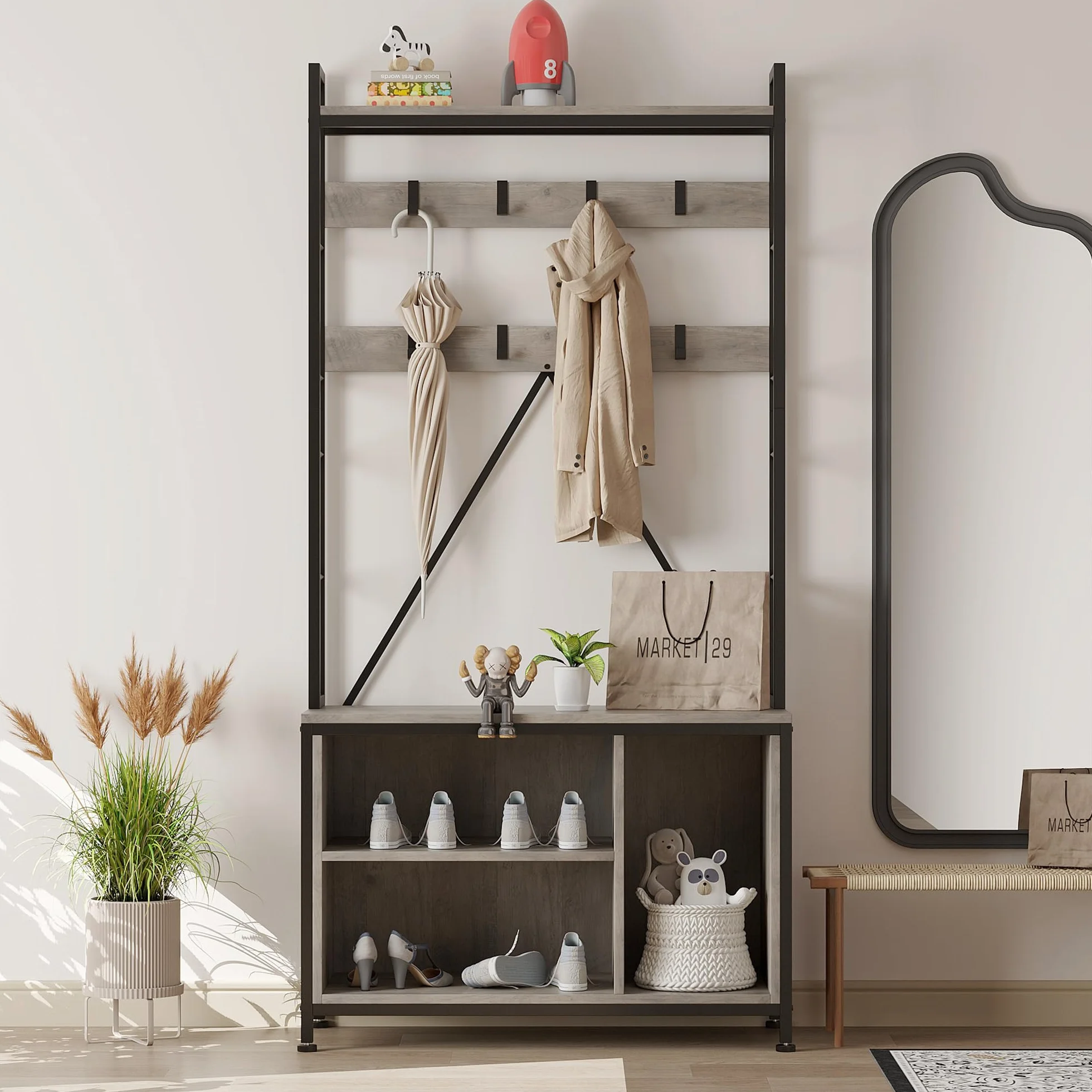 Garvee Perchero Recibidor Con Banco y Zapatero, Mueble Entrada Industrial De Madera y Metal, Organizador Con Estante y Ganchos, Perchero Independiente De Pie Para Entrada y Pasillo, Gris
