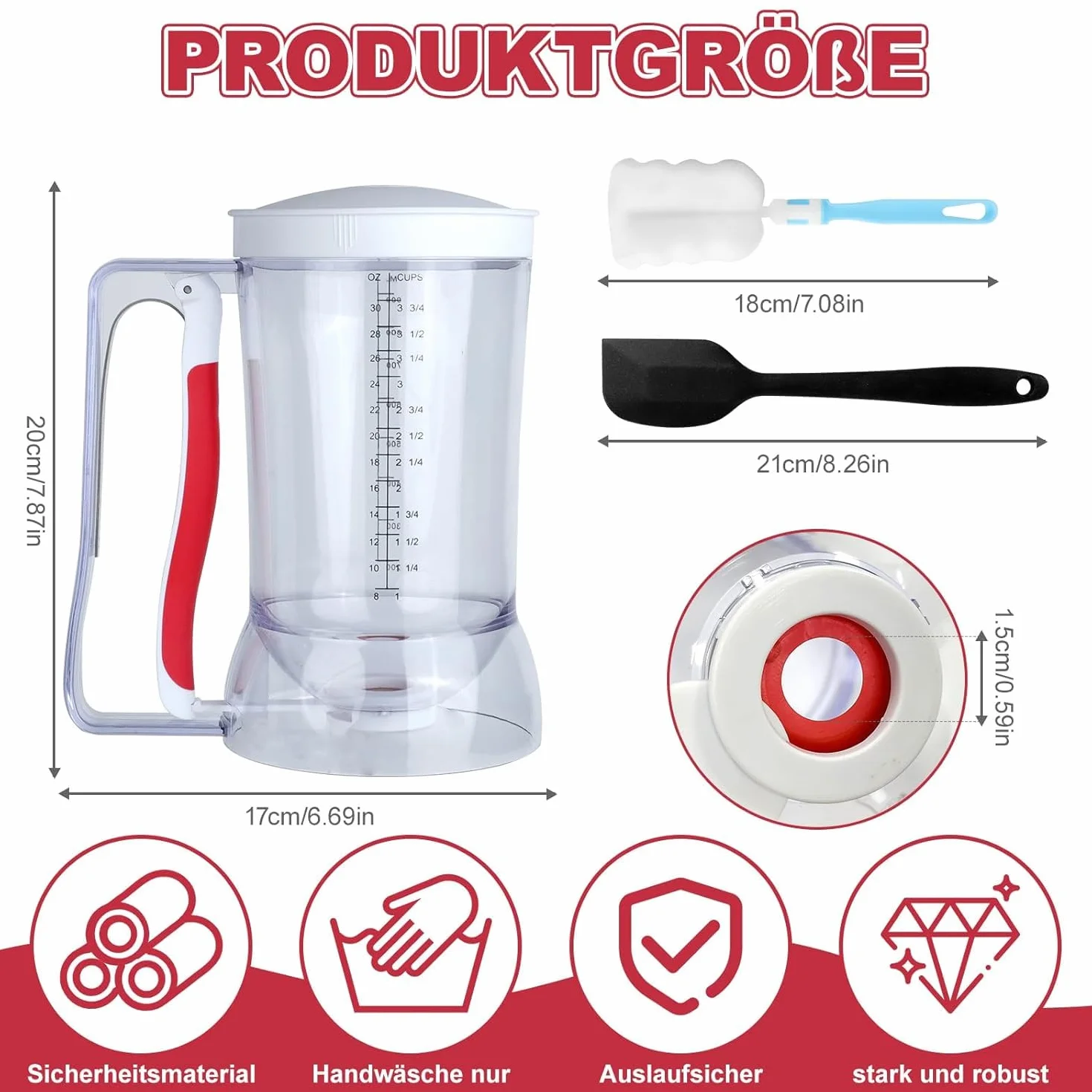 Dispensador de Masa 900ML Transparente con Escala para Muffins, Panqueques, Gofres