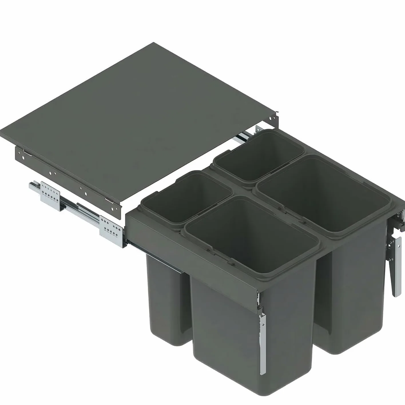 Cubo de Basura Extraíble para Armario de 60 cm SEGREGO 56,4 x 48 x 32 cm (2x 15L + 2x 7L) Sistema de Reciclaje de 4 Cubos con Tapa y Cierre Suave (Soft-Close) Grafito