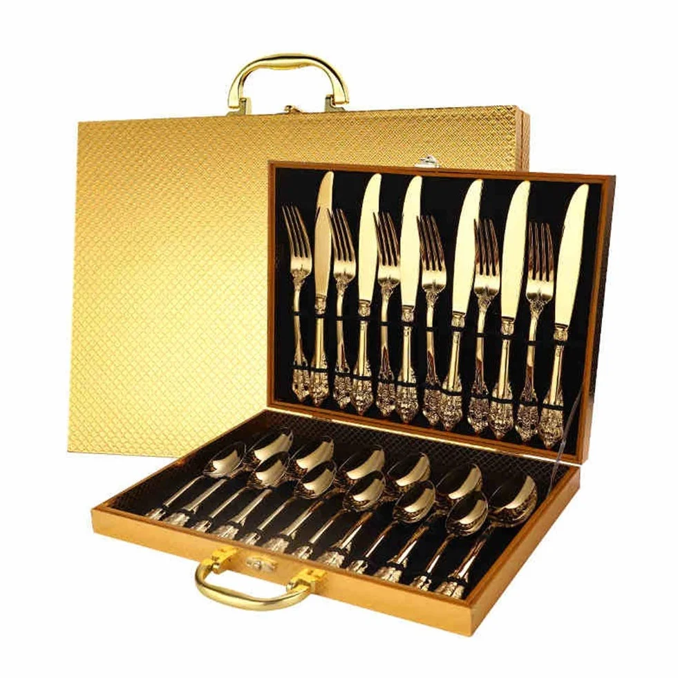Juego de Cubiertos de Acero Inoxidable, Elegante Juego de Cubiertos con maletín Dorado, Cuchillo, Tenedor y Cuchara de Acero Inoxidable Pulido (Oro, 24 Piezas)
