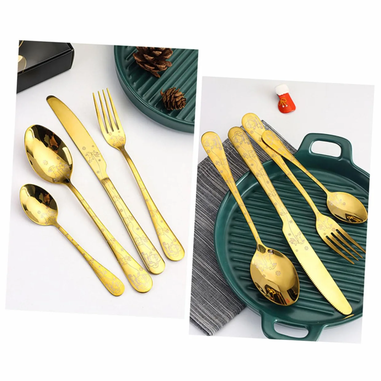 TOPBATHY 4 Juegos Juego de Cubiertos de Navidad vajilla de Comida para Banquetes Cubiertos de Filete de Banquete cuberteria cucharas navideñas Juego de Cubiertos Acero Inoxidable