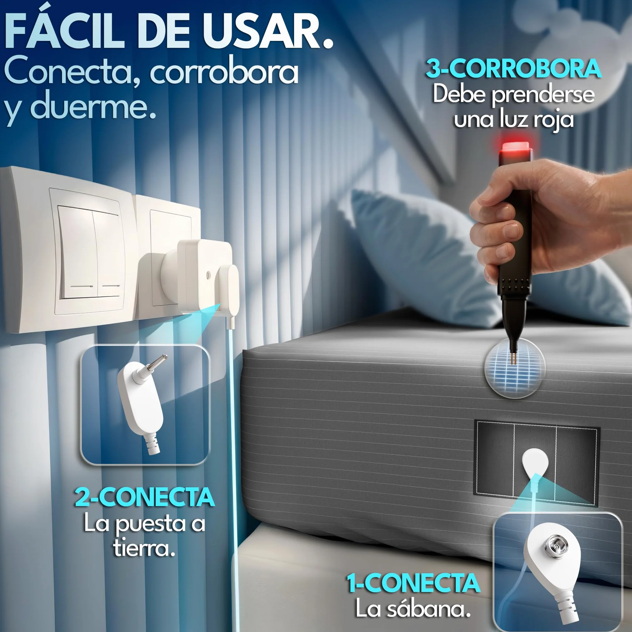 Sabanas Grounding Ajustable 10% Plata 90% Algodon| Sabanas de Conexion a Tierra + Cabezal + Cable + Tester + Antifaz Lino (Gris, Cama Individual (90x200x30))