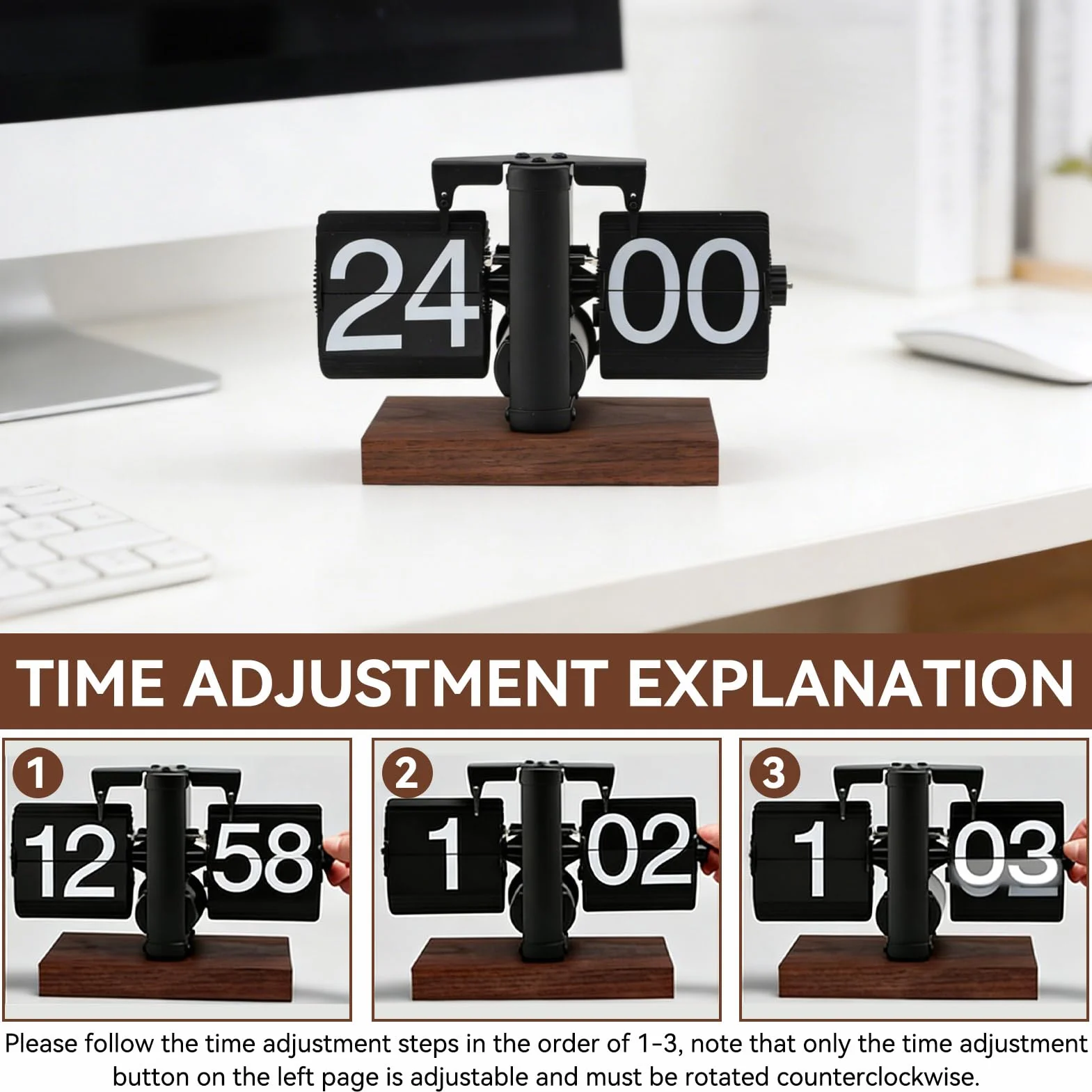 HERCHR Reloj Digital Abatible Vintage, Reloj de Escritorio Retro con Base de Madera, Reloj Despertador de 24H con Engranajes Internos