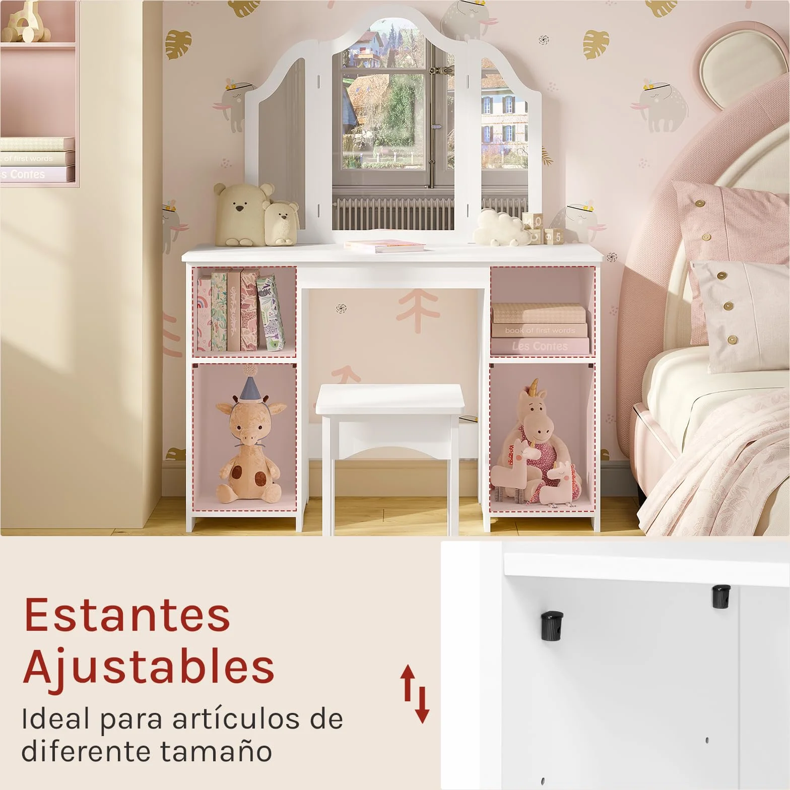 WOLTU Mesa Tocador Infantil 3 Piezas con Taburete y Espejo Plegable, Blanco MDF