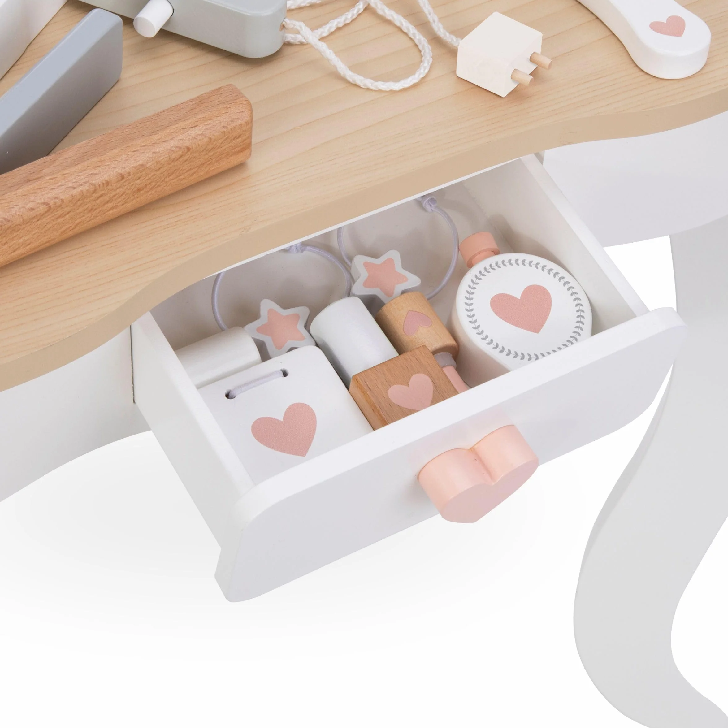 Mamabrum Maquillaje de Madera Dresser para Niñas - Vanidad con Perfume, Esmalte de Uñas, Cepillo y Lazos