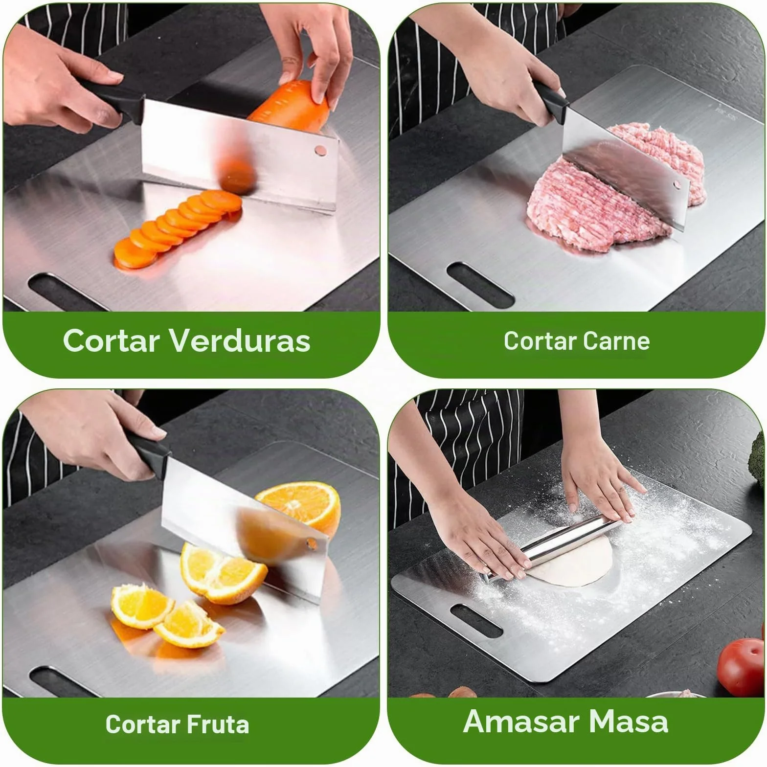 Tabla Cortar Acero Inoxidable 304 Doble Cara 40x30cm+30x20cm para Cocina