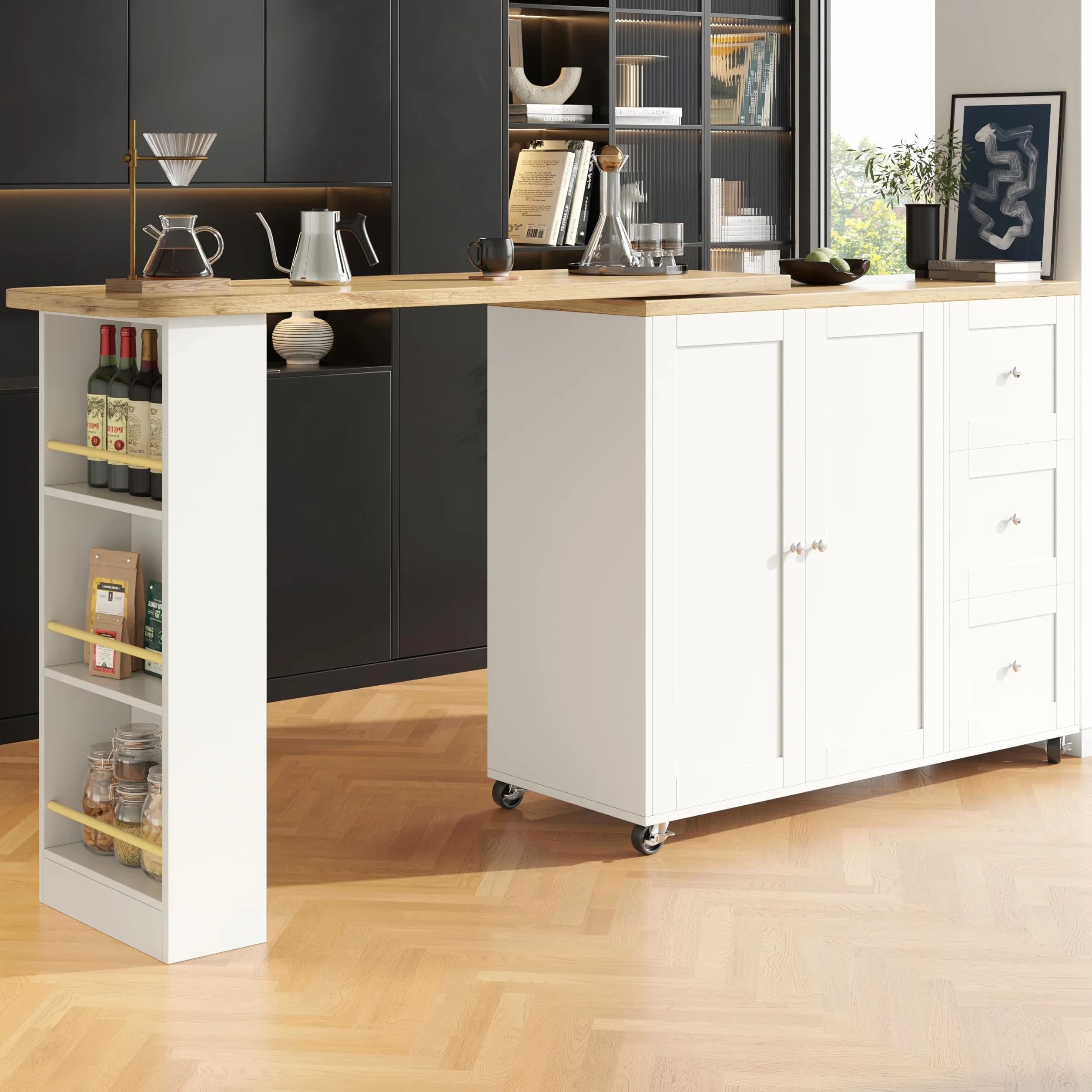 Mesa alta giratoria de 360° con ruedas y espacio de almacenamiento, mesa de bar moderna con tres cajones, estantería para aperitivos y estantes, isla de almacenamiento multifuncional para cocina y