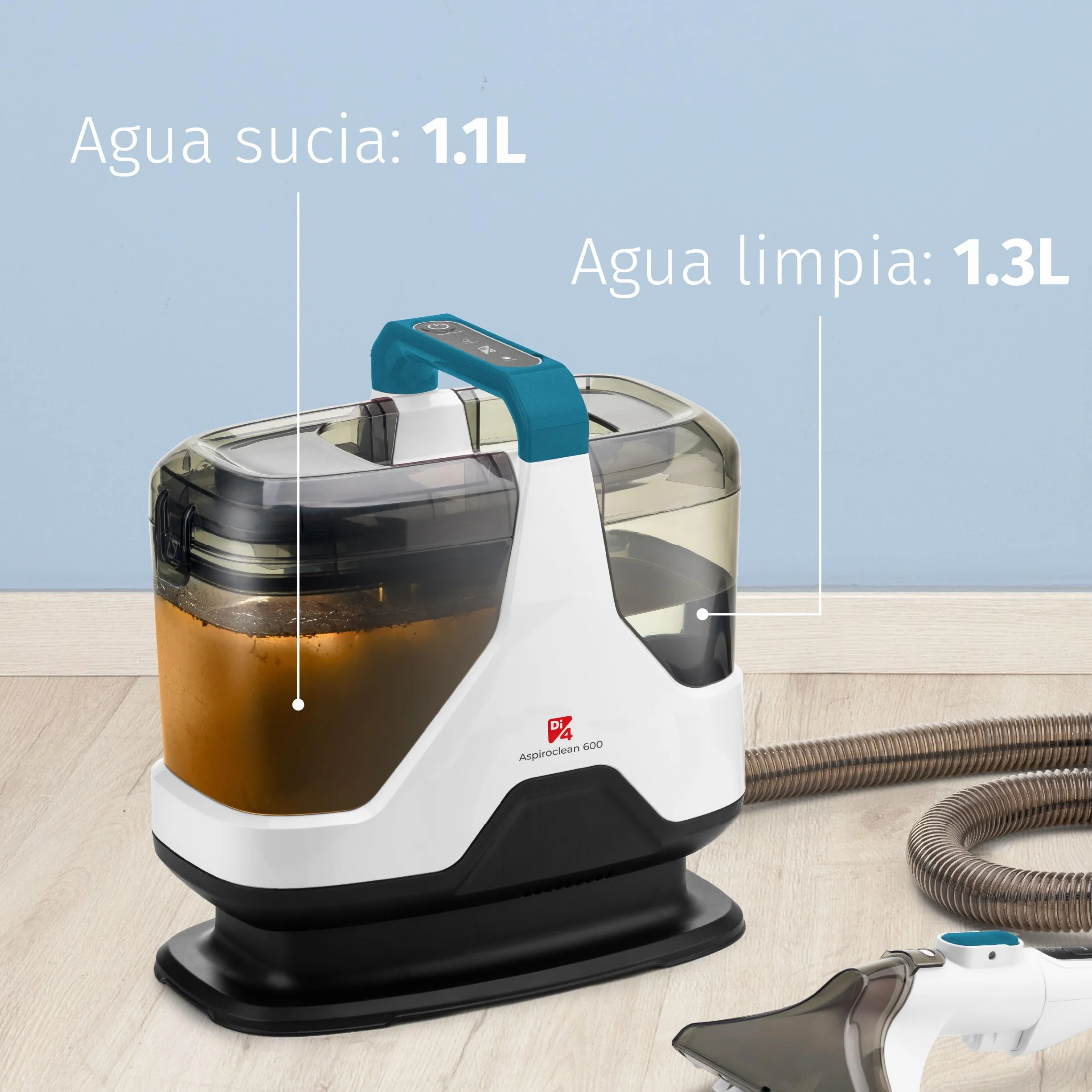 Di4 Aspiroclean 600W Aspirador de Tapicerías, Líquidos y Sólidos, Cepillo Multifunción, Accesorio Limpiacristales, Apto para Suciedad Mascotas, Alfombras, Sofás, Coche y Cristales, Incluye Detergente