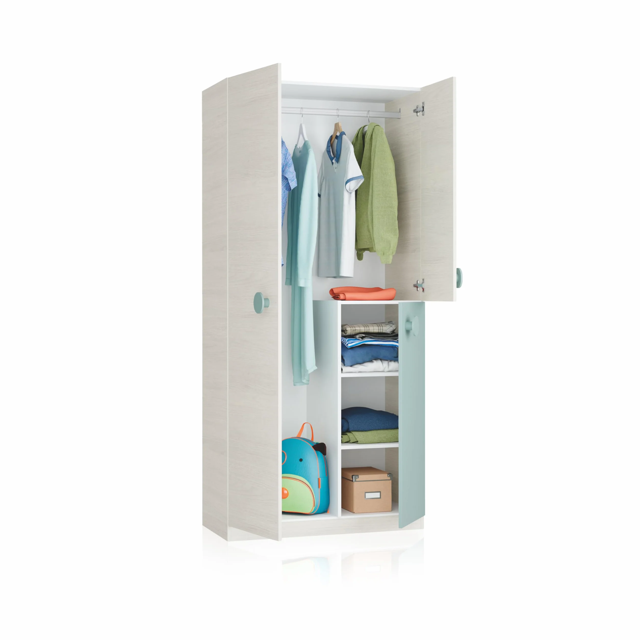 duehome | Armario Juvenil, Modelo Yuki, Acabado en Color Blanco Alpes y Verde Acqua, Medidas: 90 cm (Largo) x 200 cm (Alto) x 52 cm (Fondo)