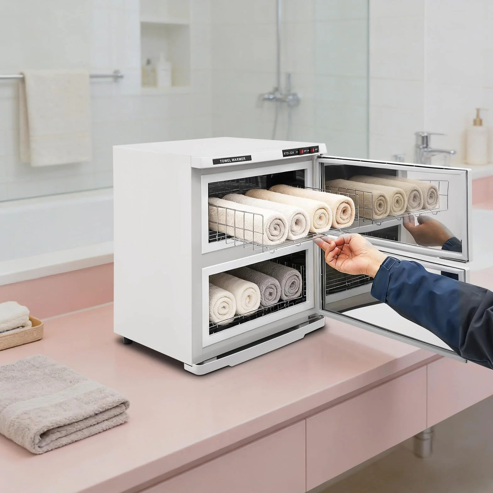 Calentador de toallas de 36 L, 2 puertas, con esterilización UV | Toallero desinfectante de gran capacidad, toallero con bandeja recogedora y asas, calentador de toallas para hotel