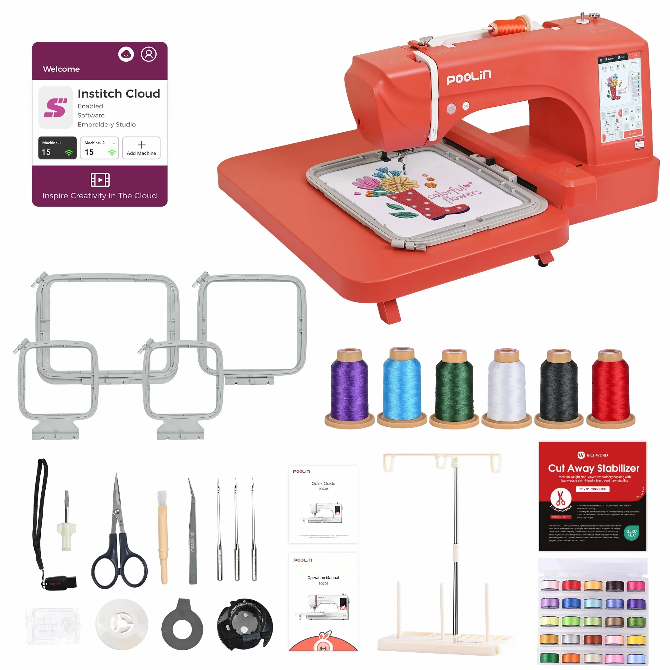 PooLin EOC06 Roja - Máquina de bordar, pantalla táctil, bordador digital, letras y patrones, máquina embroidery, para personalizar camisetas, polos, chaquetas, camisas, bolsos, toallas y más