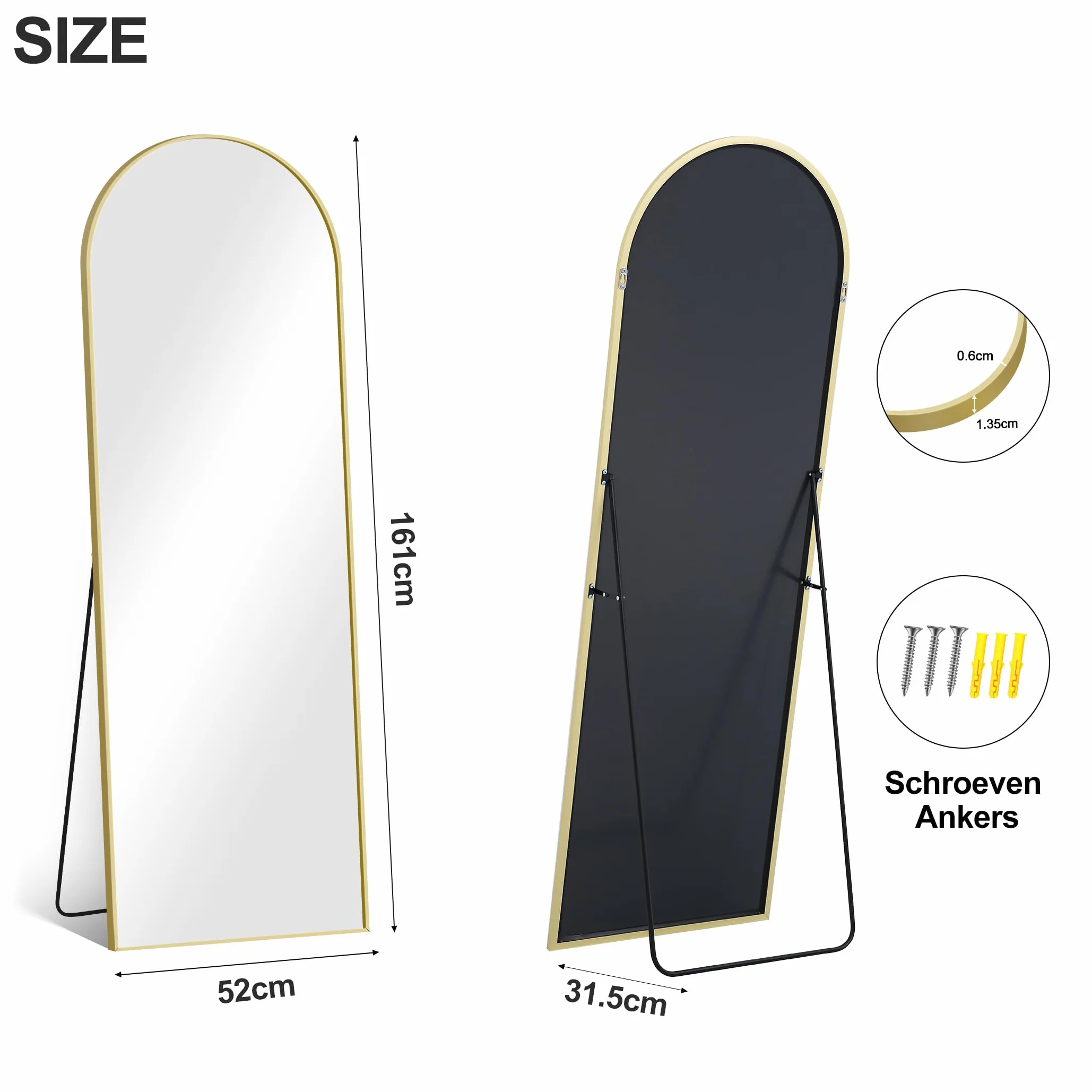 COFENY Espejo de Pie Cuerpo Entero Curvado, Espejos Grandes de Pared con Marco de Aluminio 161 x 52 cm, Espejo de Pie Inclinado o Colgante para Salón, Dormitorio, Entrada, Dorado