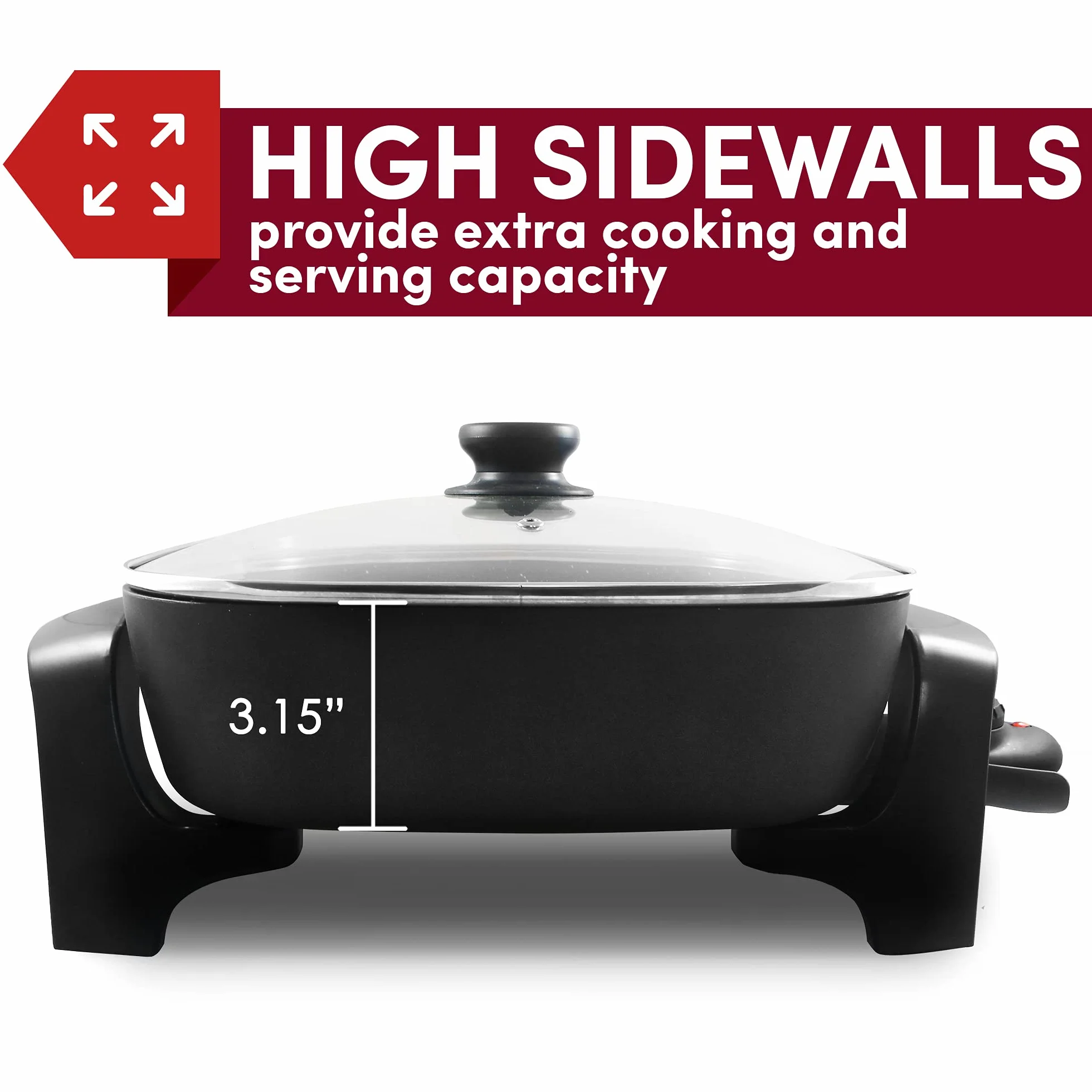 Elite Gourmet EG6201# Sartén eléctrica antiadherente extraprofunda 30,5 x 30,5 x 8 cm (7 l) Resistente a los arañazos, apta para lavavajillas, tapa ventilada de cristal, temperatura ajustable, negro