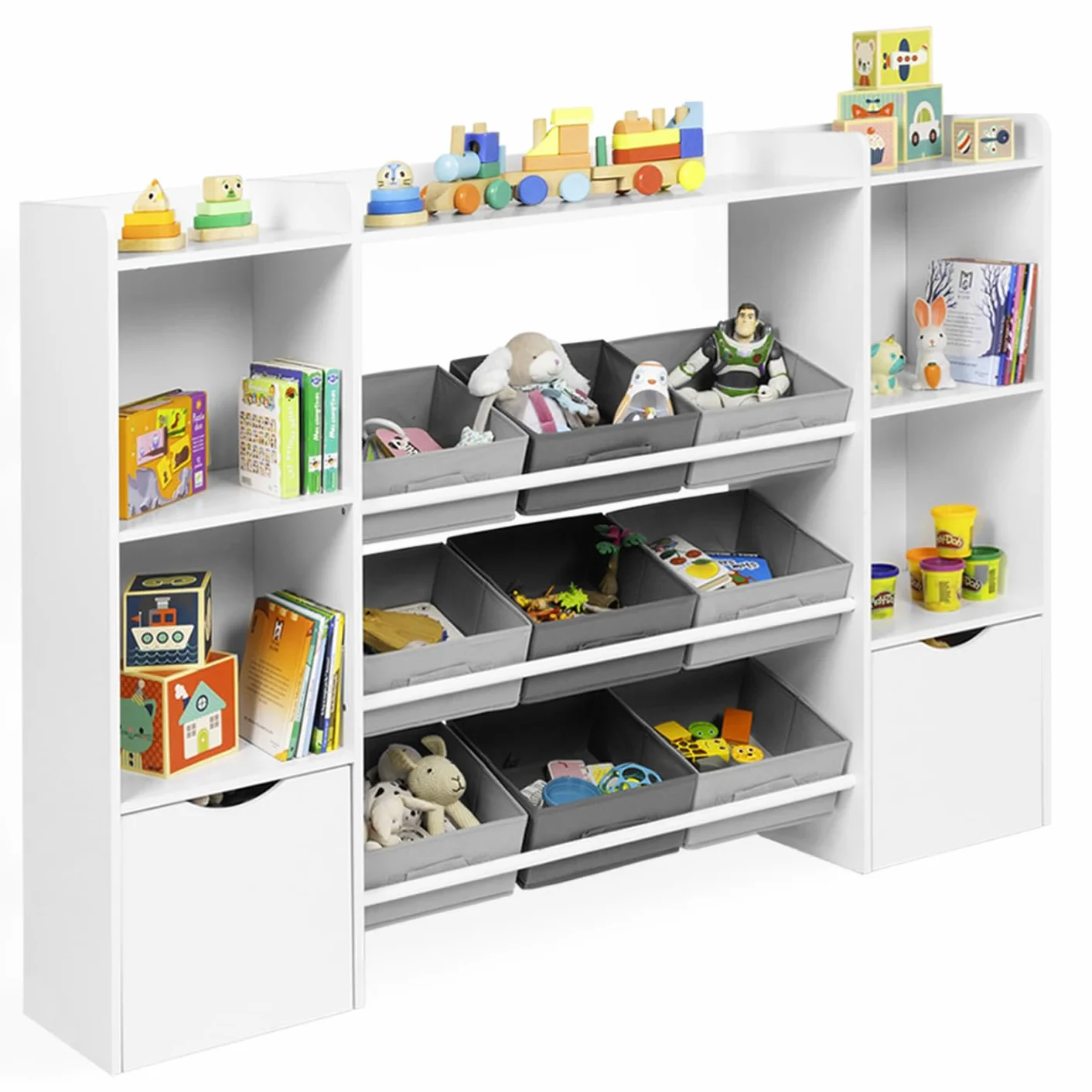 IDMarket Mana - Mueble de almacenamiento infantil 7 estantes, 9 bandejas de tela y 2 cubos con ruedas, color blanco