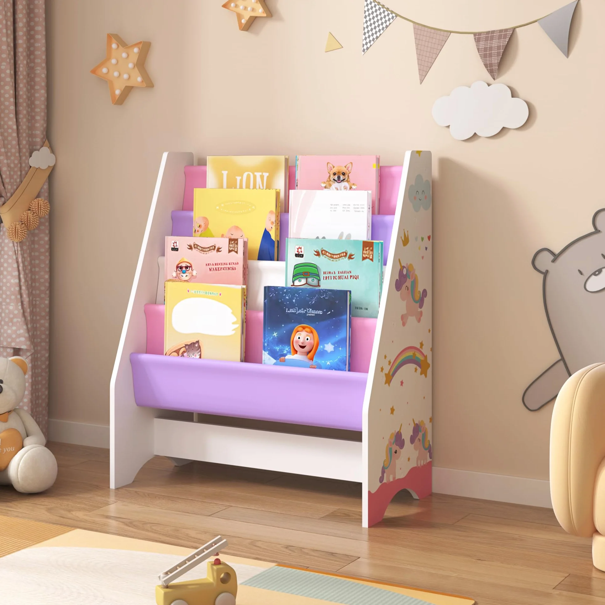 [en.casa] Estantería para Niños Organizador de Libros Motivo de Unicornio Librería de 4 Niveles Aglomerado/Poliéster 74 x 62 x 29 cm Multicolor