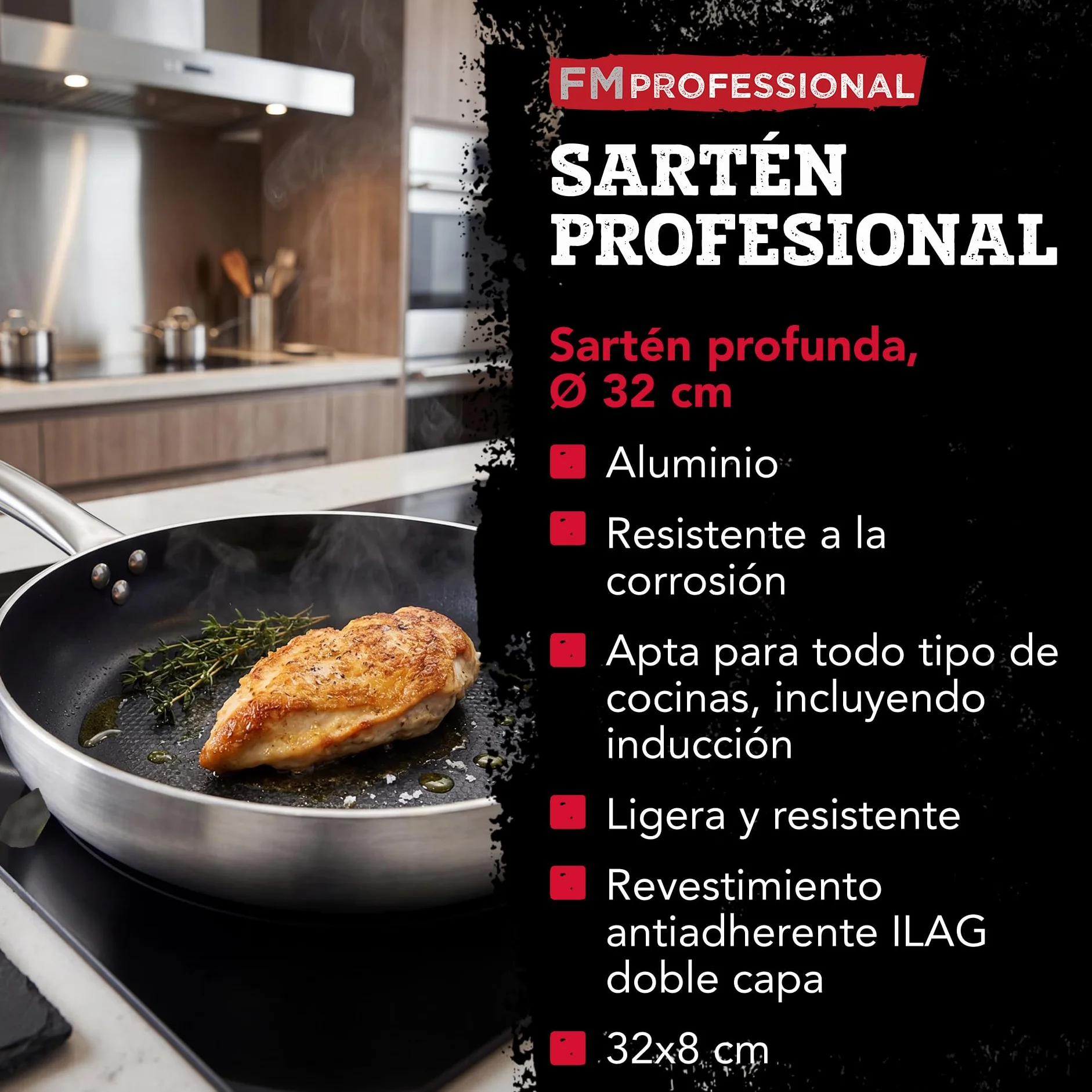 FMprofessional Sartén Profunda Antiadherente 32 cm, Revestimiento Antiadherente ILAG Essential Doble Capa, Alta Conductividad Térmica, Ligera y Resistente a la Corrosión, 32x7,8 cm, 1 ud