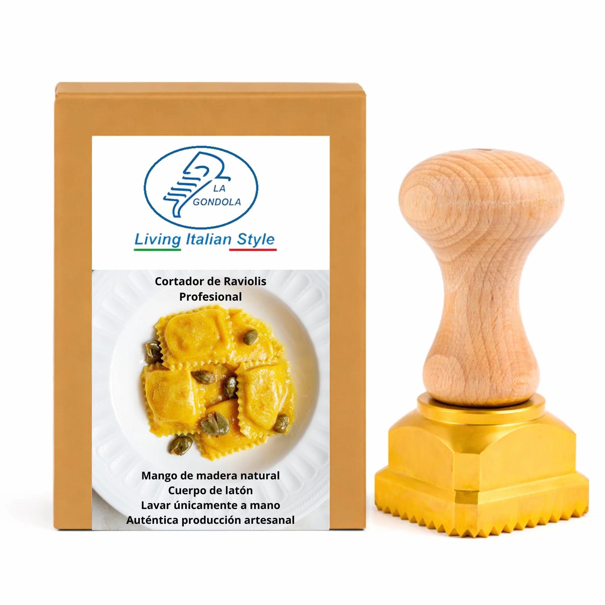La Gondola Cortador de Raviolis Caseros - Cuadrado Festoneado 45x55 mm | Cortapastas de Latón y Madera Natural | Cortador de Pasta Robusto Fácil de Usar | Utensilio para Pasta Fresca Hechos en Italia