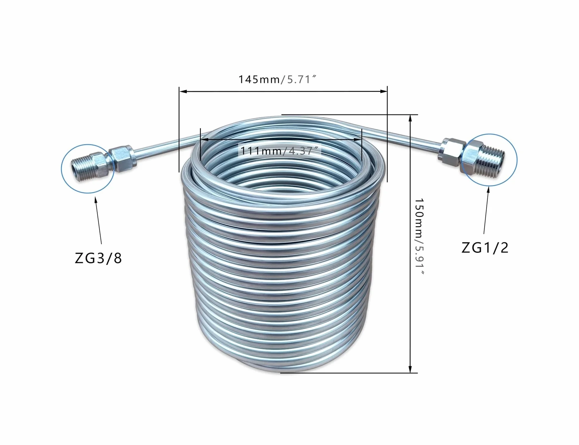 Enfriador de Mosto y Agua for Cerveza de Doble Capa, serpentín de enfriamiento de 14 m de Longitud, Acero Inoxidable 304 de Grado alimenticio, Conector de 3/8" y 1/2" Uso Multifuncional