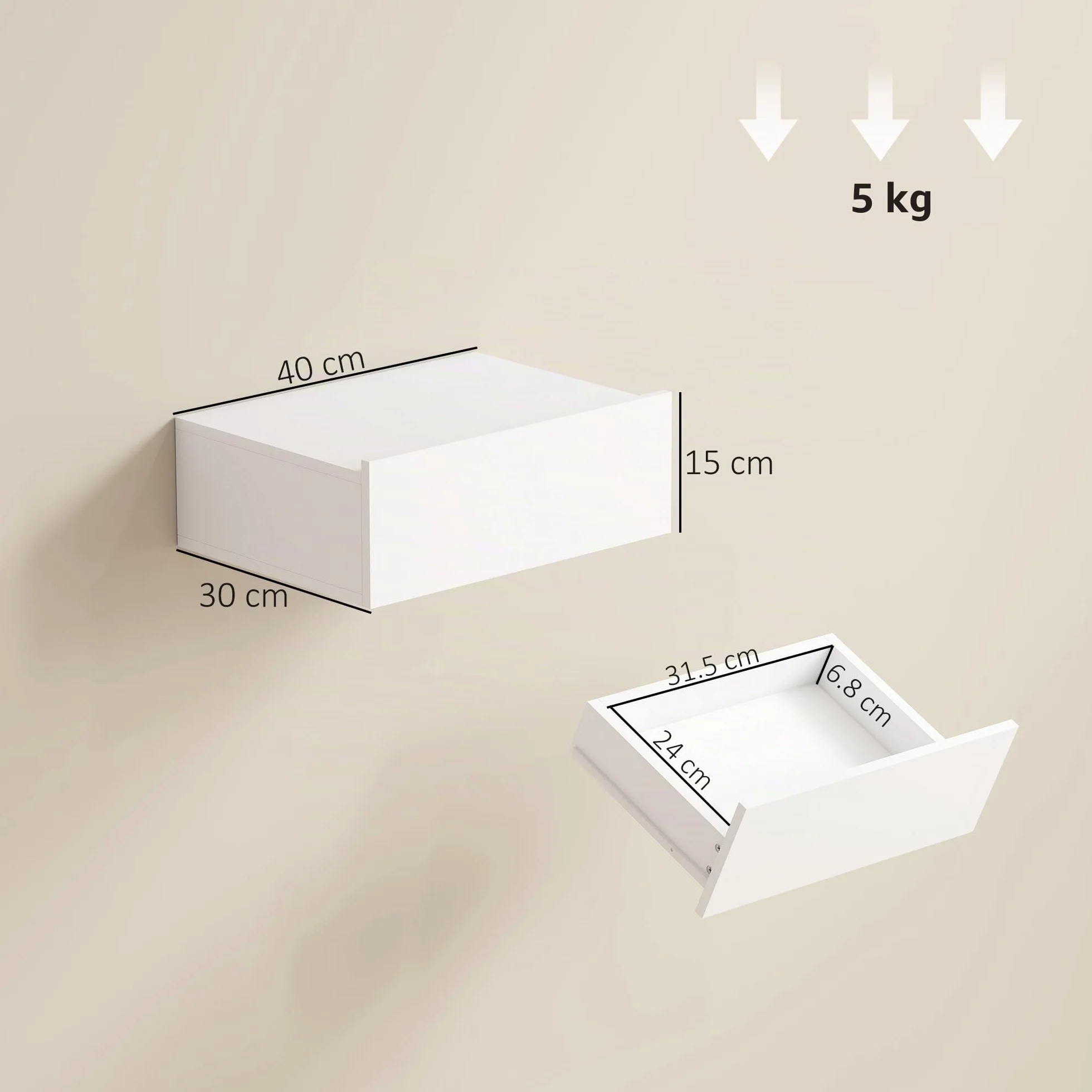 HOMCOM Set de 2 Mesitas de Noche Flotantes con 1 Cajón Diseño Montado en la Pared Estilo Moderno para Dormitorio 40x30x15 cm Blanco