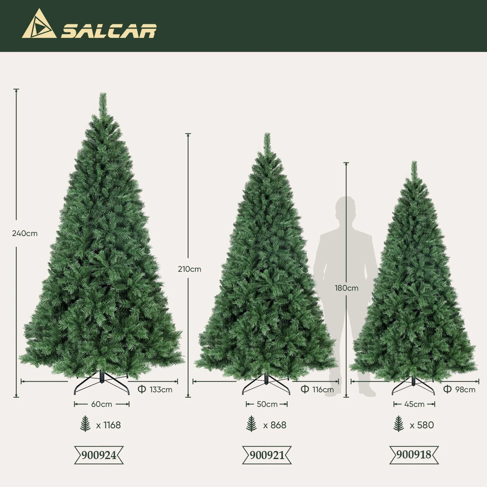 SALCAR Arbol de Navidad Artificial 210 cm, Árbol de Navidad con Guantes y 868 Puntas de Rama Soporte de Metal, Montaje Rápido, Ignífugo, Abeto