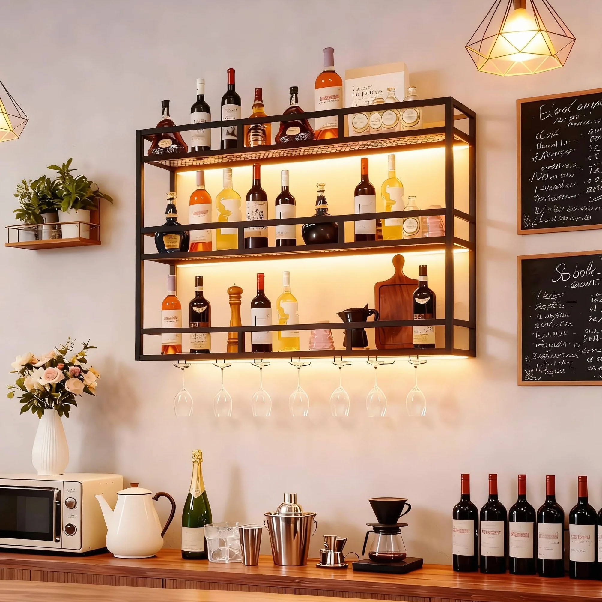 Botellero de Pared LED Moderno de 100 cm con Soporte para Botellas y Copas, Estante Metal de Botellas de 3 Niveles, Soporte para Botellas de Vino para Hogar, Bar Comercial, Cocina