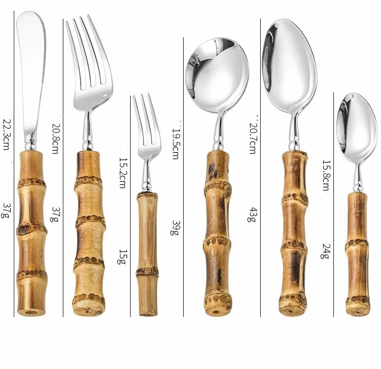 Este Juego de Cubiertos Silverware, 6/24/36/48/60/72 Piezas, de bambú Natural, Acero Inoxidable 304, Incluye Cuchillo para Carne, Tenedor, Cuchara, Cuchara Redonda, Tenedor de Postre y vajil