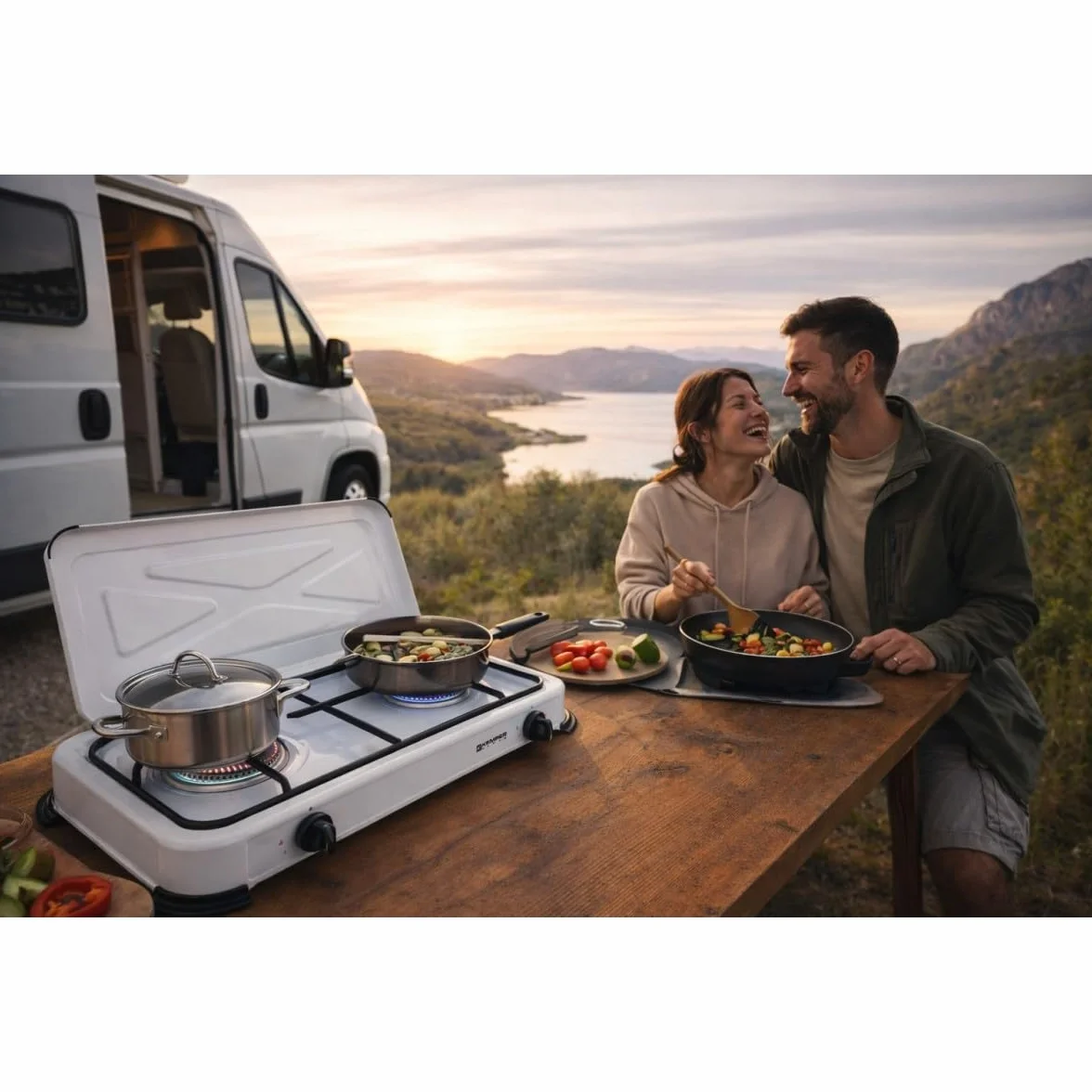 KEMPER – Placa de cocción de gas, 2 luces portátil, 2600 W, tapa extraíble, color blanco – Hornillo para camping, conexión de botella de gas Butano/propano simple y segura