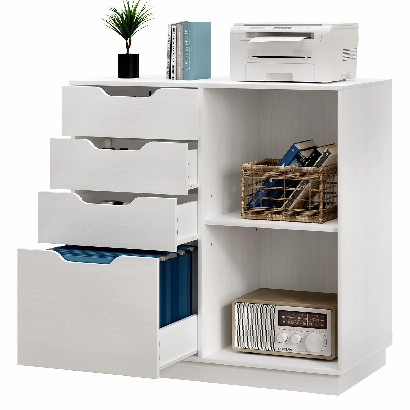 EasyPAG Archivador Lateral de Madera con 4 Cajones Soporte Impresora para Oficina y Hogar Cajonera Escritorio Almacenamiento Papel A4,Blanco