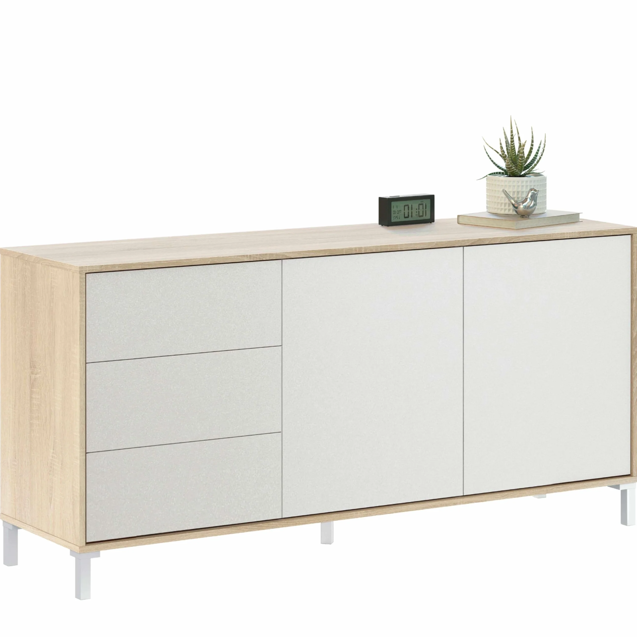 Habitdesign Aparador 2 Puertas + 3 Cajones, Buffet, Modelo Brooklyn, Acabado Roble Canadian y Blanco Artik, Medidas: 74 cm (Alto) x 154 cm (Ancho) x 41 cm (Fondo)