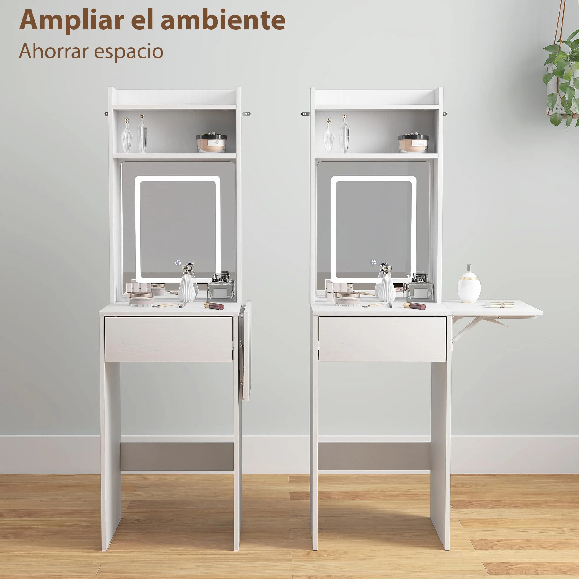 HOMCOM Tocador de Maquillaje con Luces LED de Color Ajustable en 3 Tonos y Espejo Tocador Pequeño Moderno con Lateral Abatible Cajón Compartimentos Abiertos para Espacios Pequeños Blanco