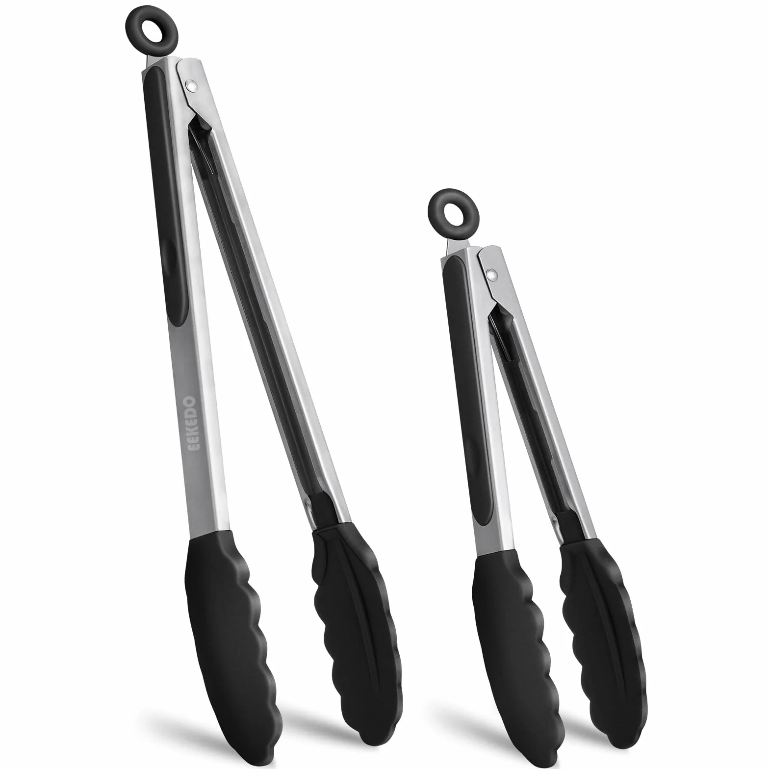 Pinzas de cocina, pinzas de silicona de acero inoxidable para cocinar 600ºF de alta resistencia al calor, pinzas de bloqueo, juego de 2-9 pulgadas y 12 pulgadas, color negro