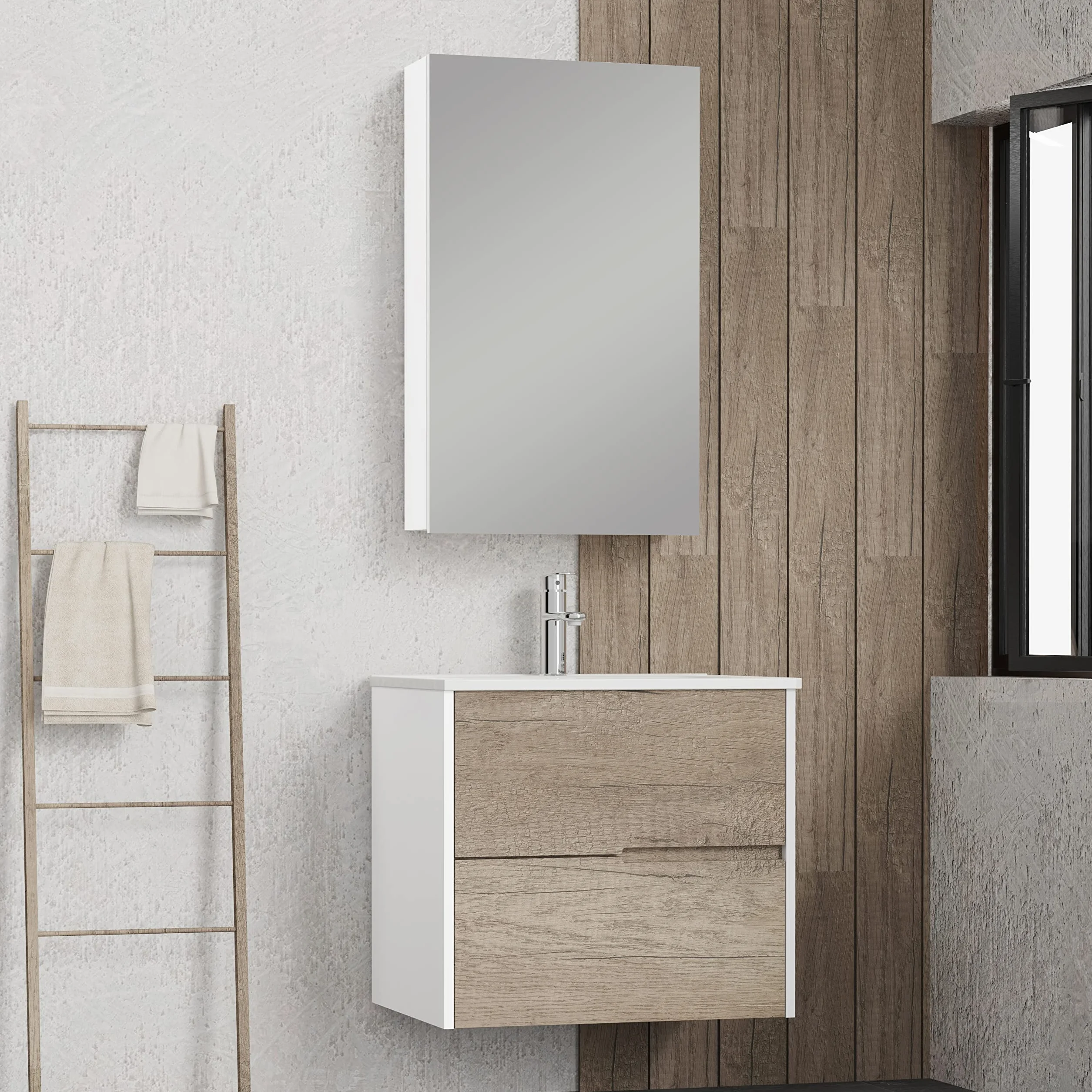 Baikal Mueble Camerino con Espejo, Armario Auxiliar de Baño Multiusos, Opción con o sin Luz LED. Mueble de Pared de fácil colocación. Armario MONTADO. Acabado Blanco. Camerino 48 cm