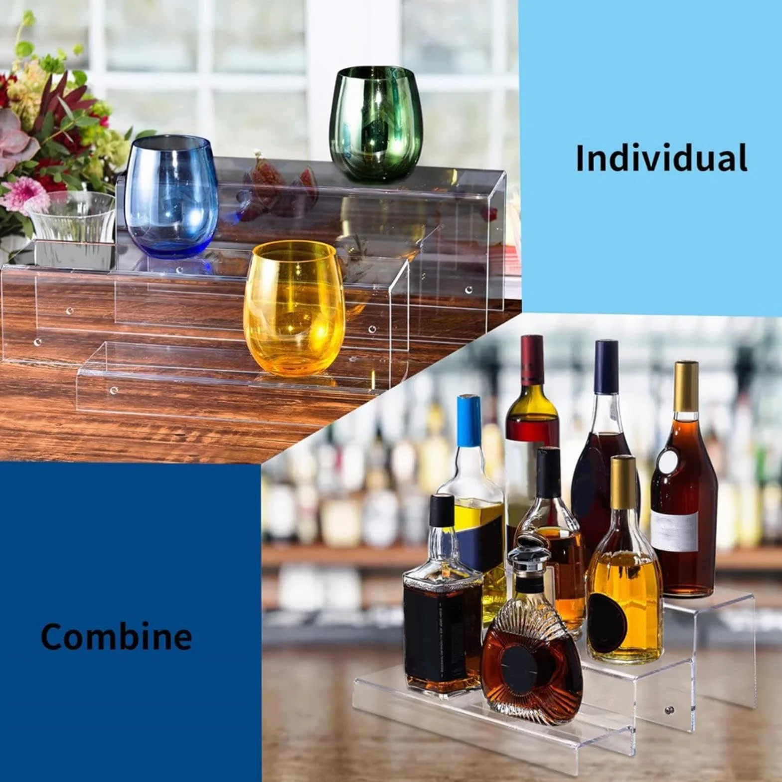 Expositor de botellas, éera alcohólica | elevadores acrílicos de 3 niveles para botellas, soporte de barra para organizador, estantes de almacenamiento encimera