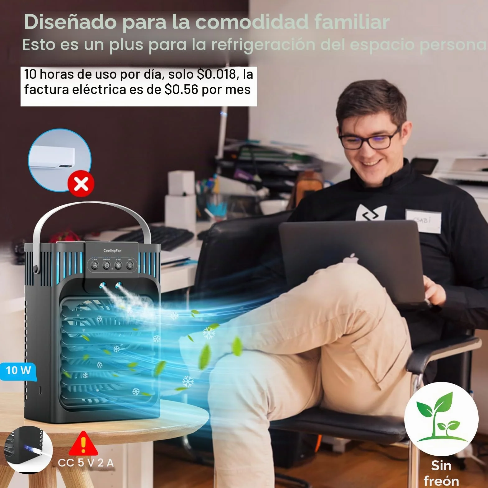 Aire acondicionado portátil con mando a distancia, silencioso con 3 velocidades, ventilador de refrigeración de 1200 ml, ventilador de aire personal con 3 nieblas, 7 luces nocturnas, temporizador de 8