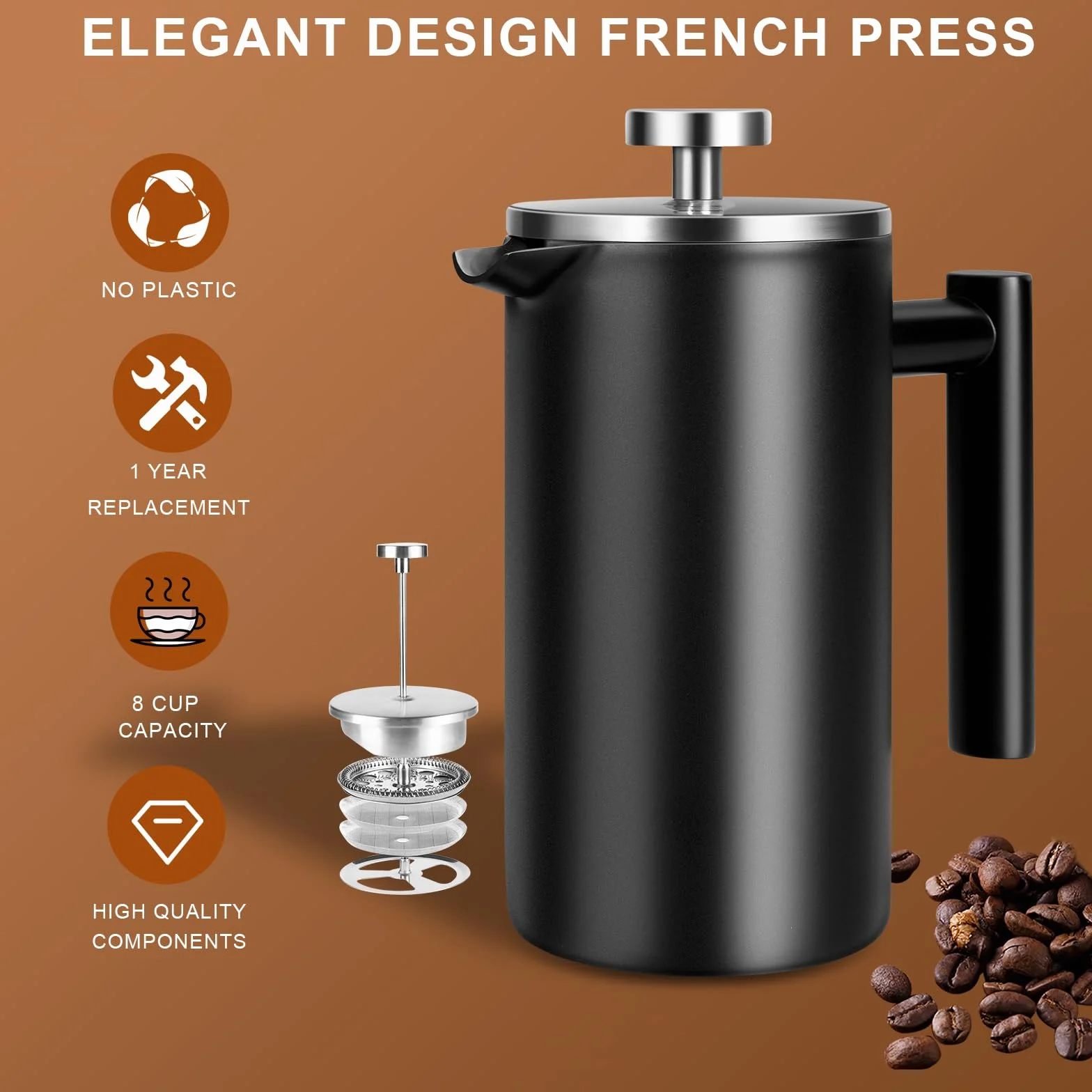 SZHETEFU French Press - Cafetera de prensa francesa grande aislada de acero inoxidable de alta calidad, capacidad de 4 a 6 tazas, cafetera de émbolo de prensa francesa, color negro