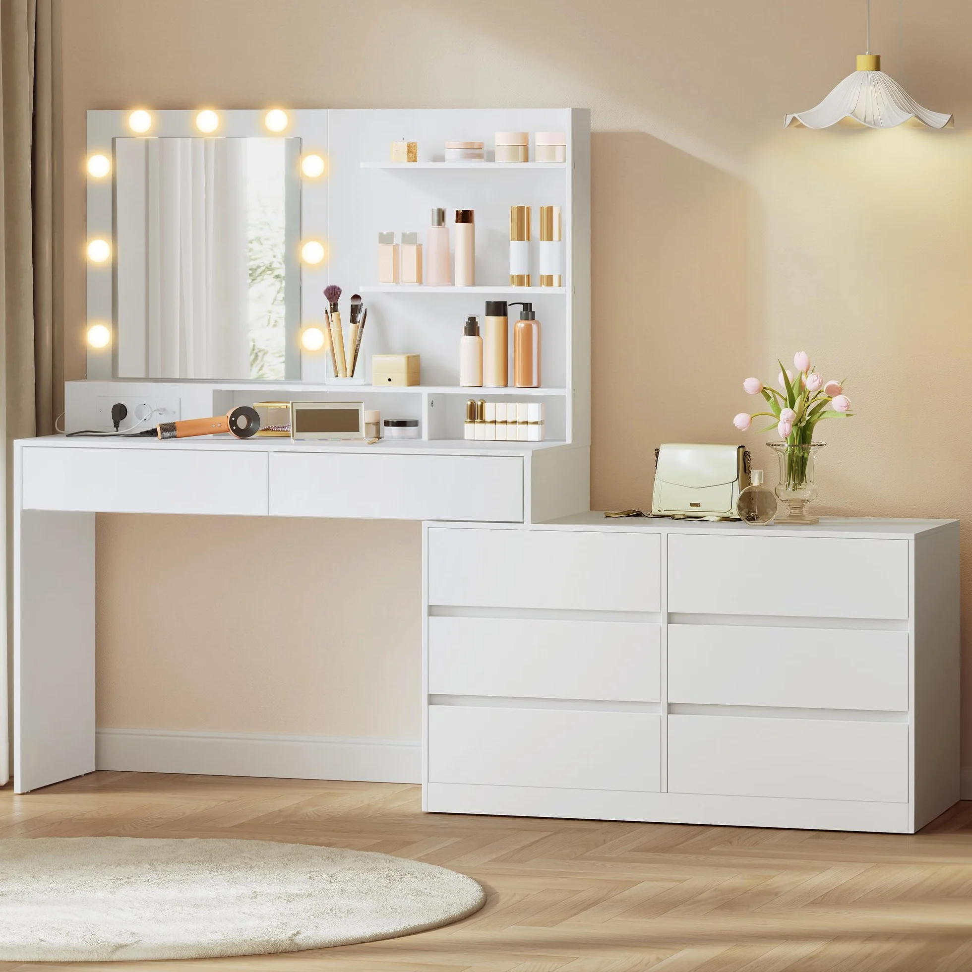 VASAGLE Kailyn Colección - Tocador con Espejo LED y Regleta, 9 Bombillas, 8 Cajones, 3 Estantes, Iluminación de 3 Colores, Modular en Línea o en L, Mesa de Maquillaje, Blanco Nube RDT140WB01