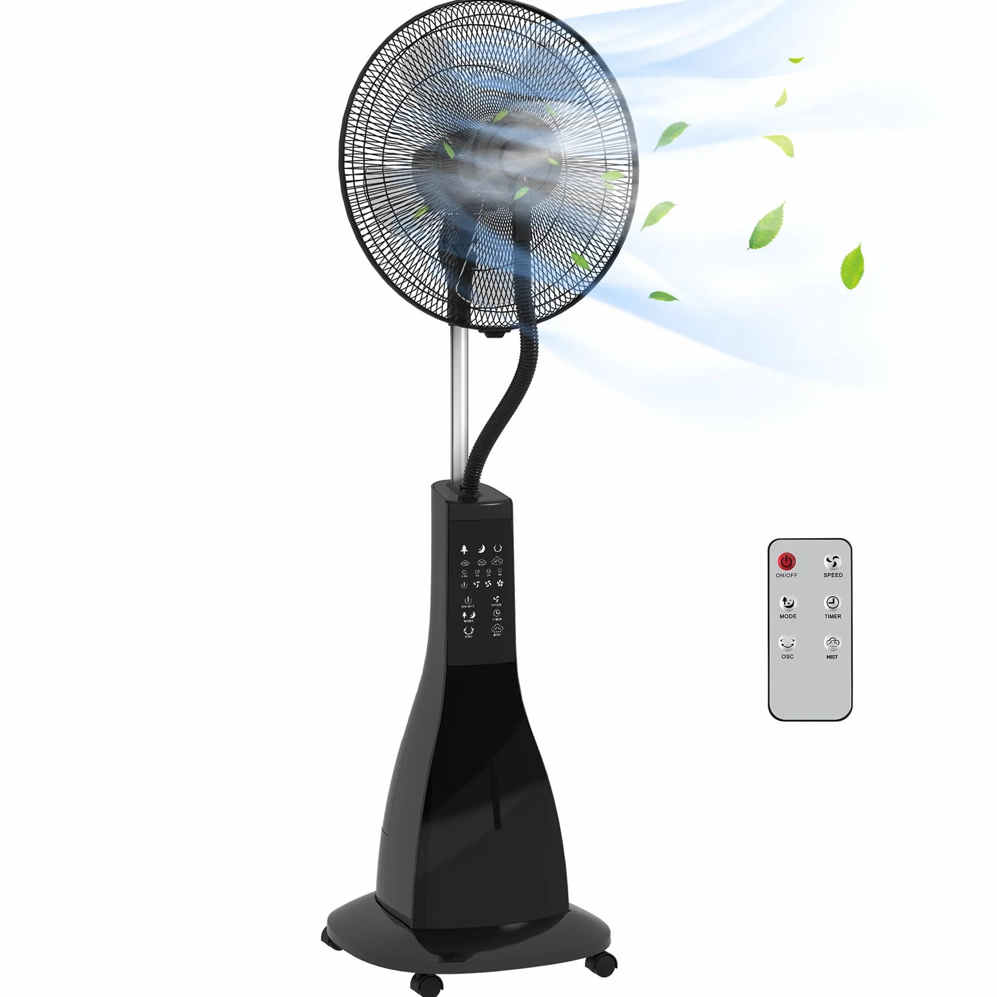 HOMCOM Ventilador Nebulizador de Agua 90 W con Mando a Distancia Ventilador de Pie Oscilante Temporizador Tanque 3L 3 Velocidades 5 Aspas y Pantalla LED Ø44,5 cm Negro
