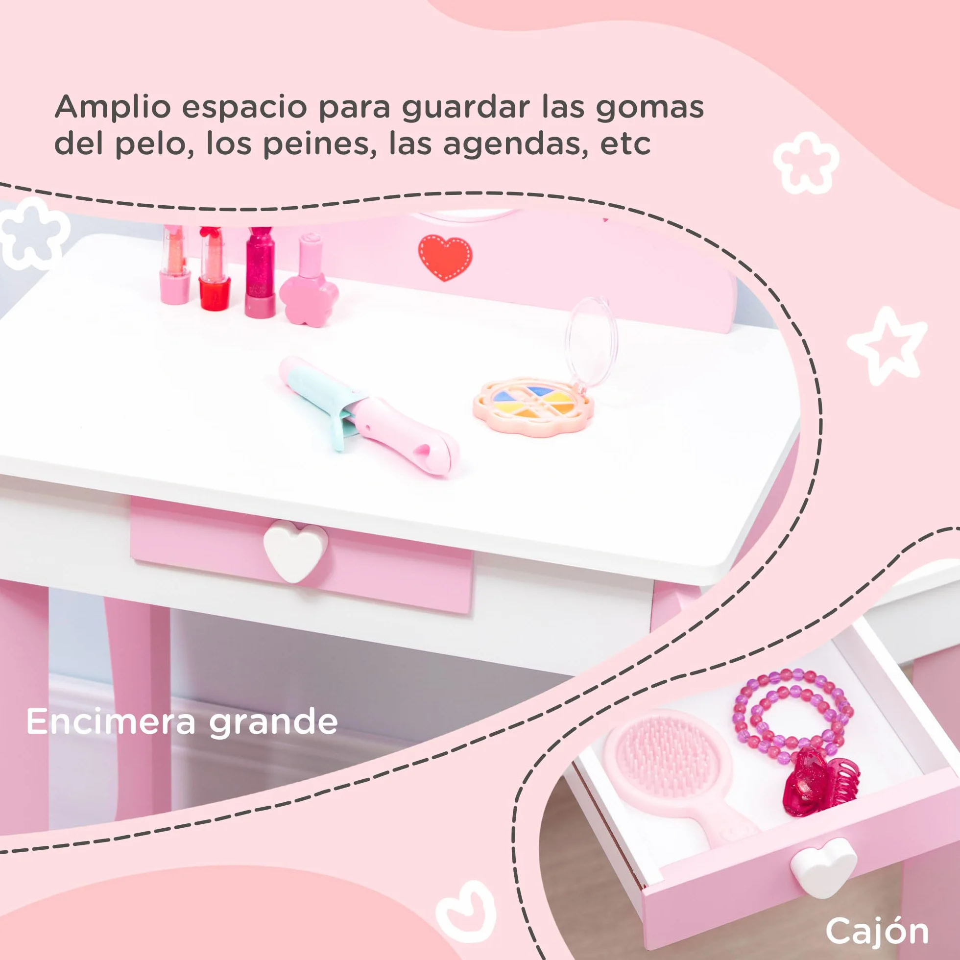 ZONEKIZ Tocador Infantil Madera con Espejo y Taburete para Niñas 3-6 Años 50x36,5x89,5 cm Rosa