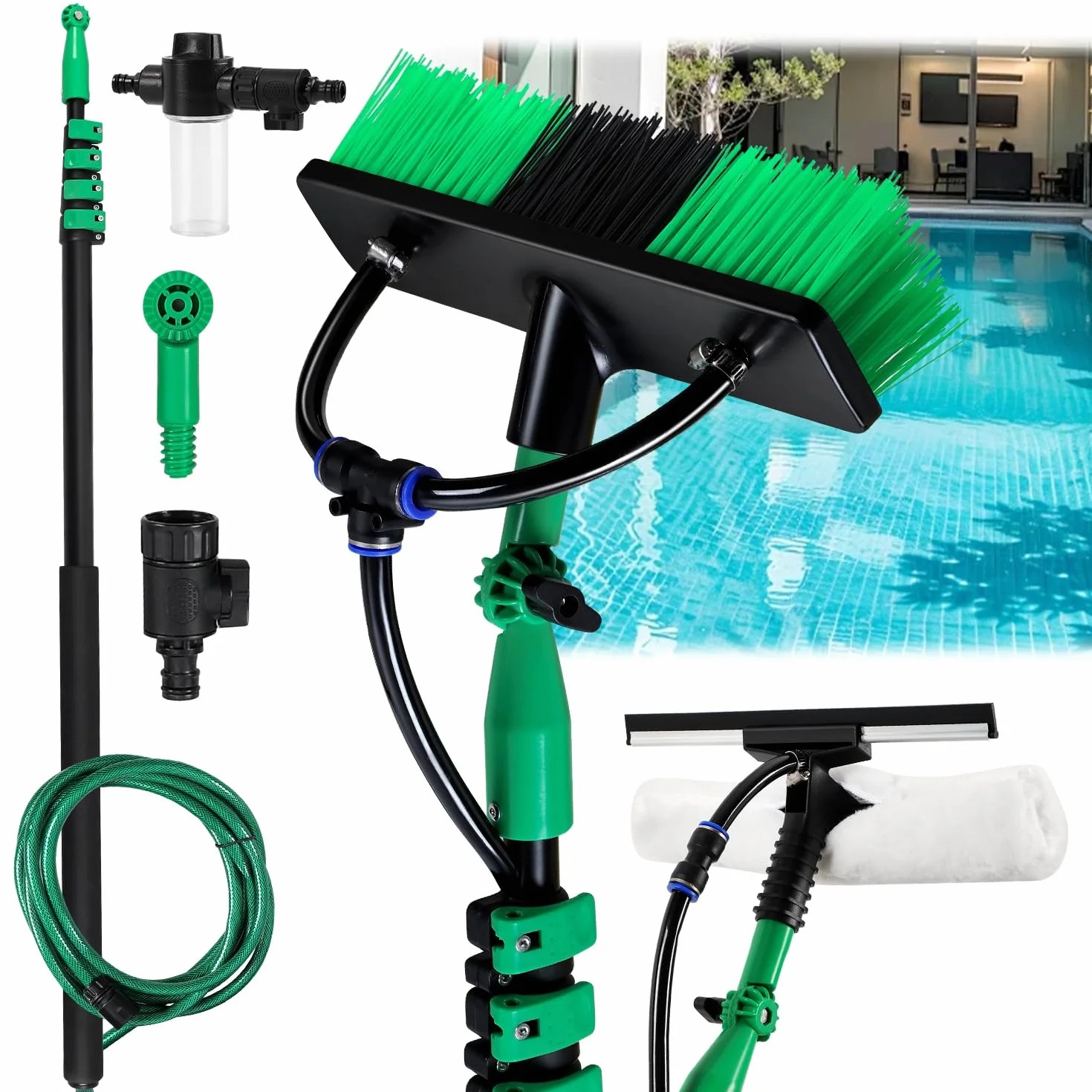 Cepillo de lavado telescópico de 4,8 m, cepillo de lavado con mango telescópico de aluminio, cepillo telescópico con conexión de agua, limpieza de sistemas PV, cepillos telescópicos, con cerdas